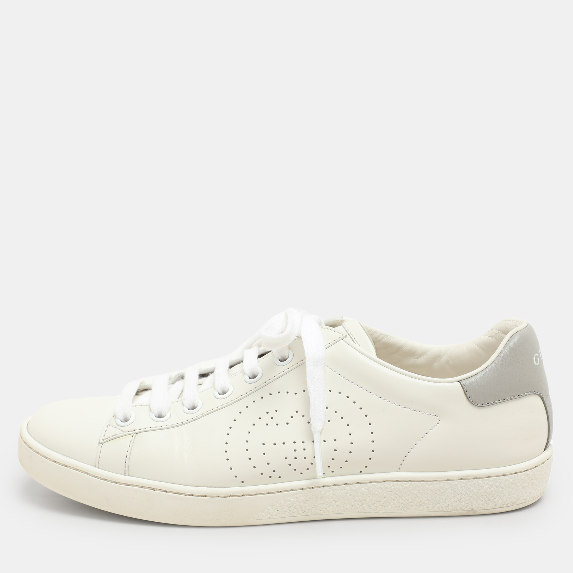 

Gucci White/Grey Leather Interlocking G Low Top Sneakers Size