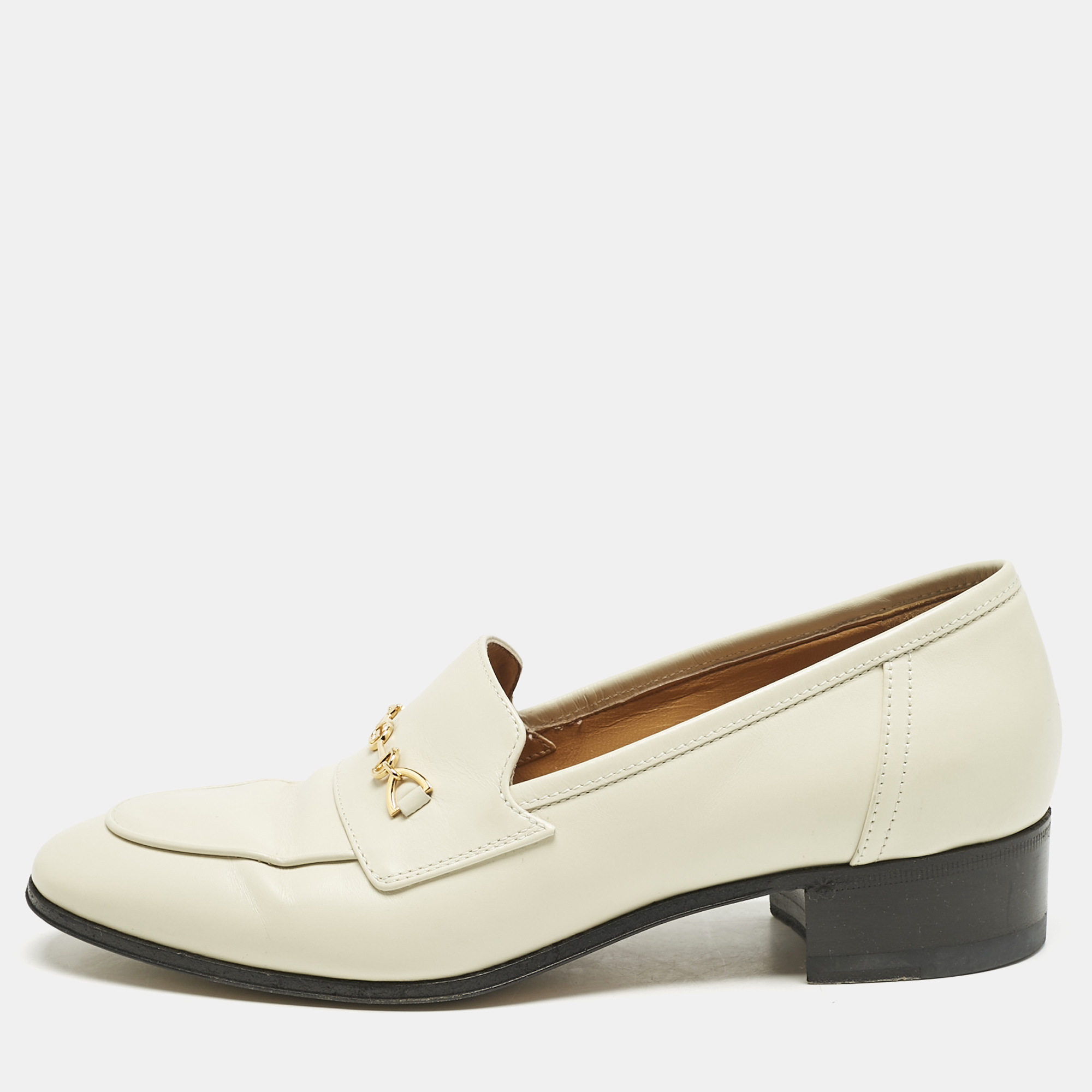 Pre-owned Gucci Off White Leather Interlocking G Horsebit Slip On Loafers Size 37