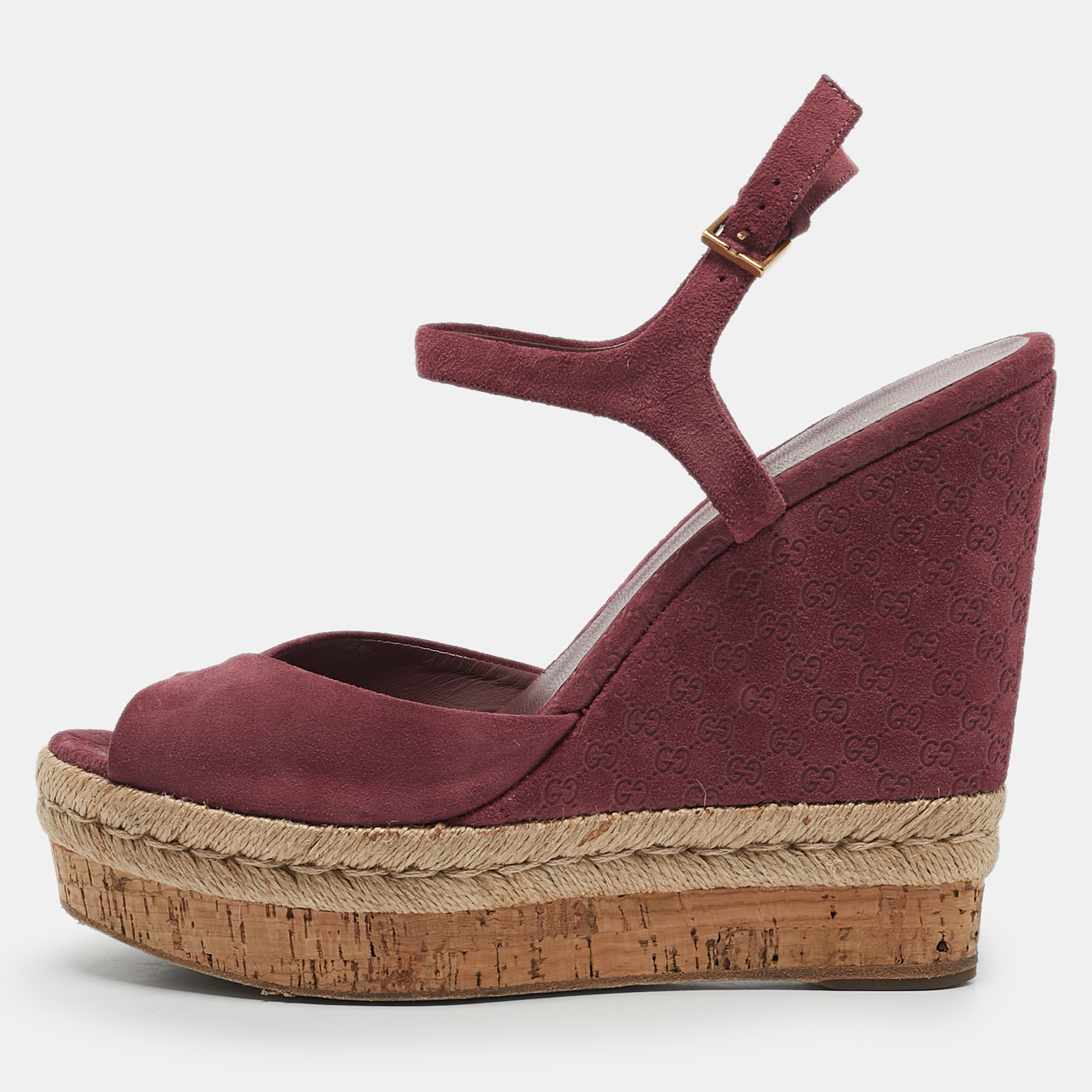 

Gucci Pink Guccissima Suede Cork Wedge Sandals Size