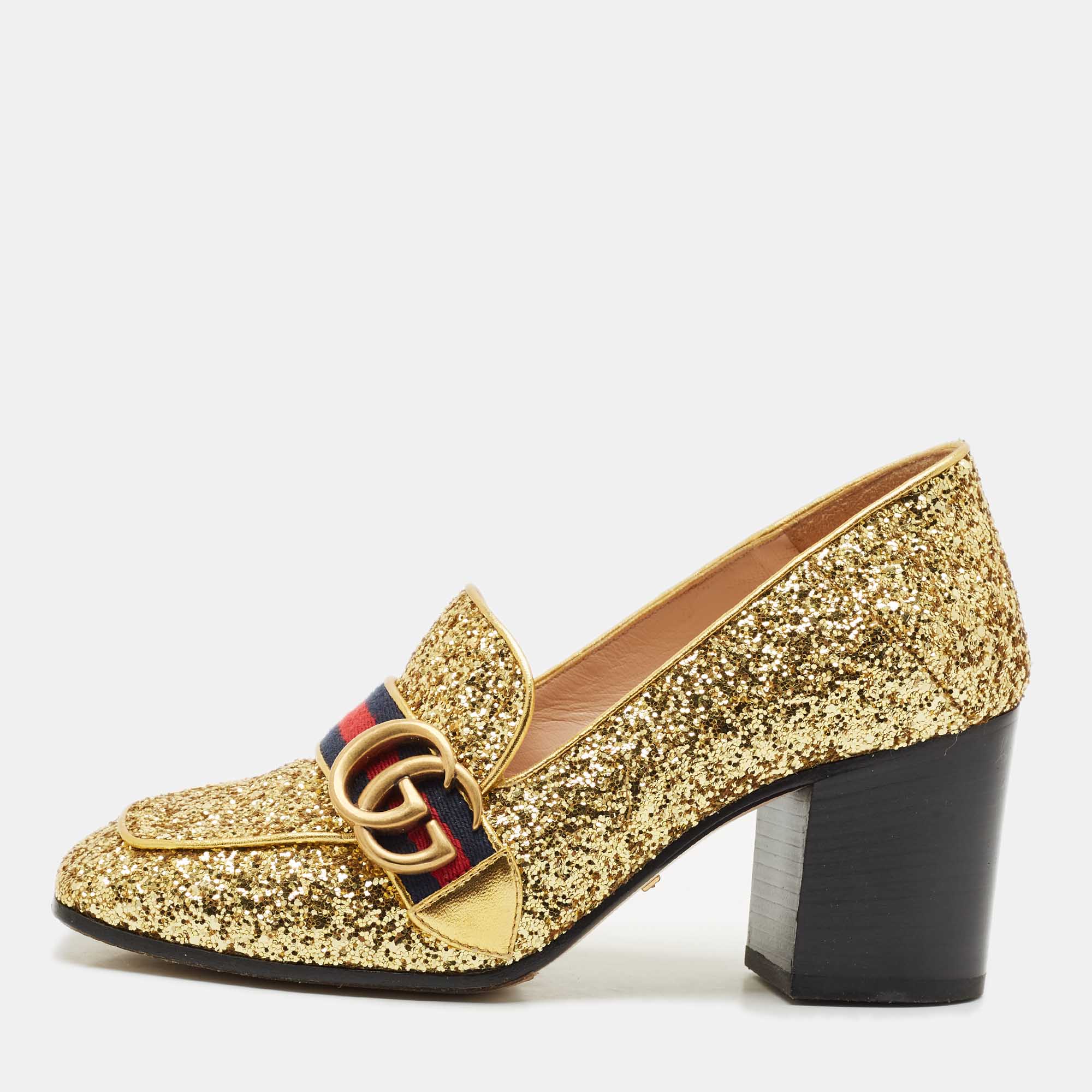 

Gucci Gold Glitter Web Peyton GG Marmont Loafer Pumps Size
