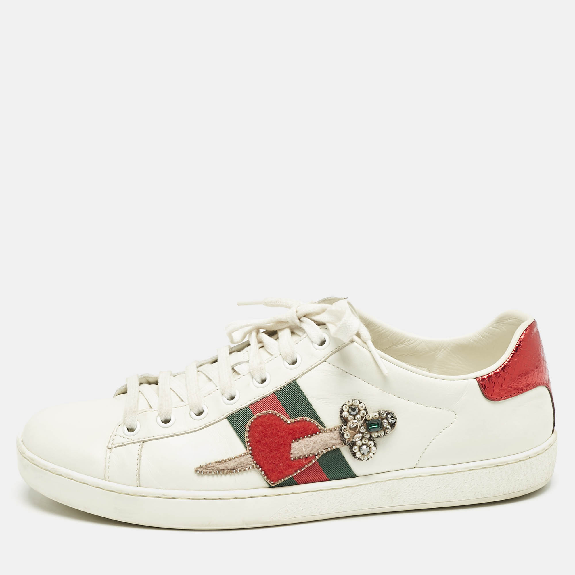 

Gucci White Leather Ace Web Embellished Low Top Sneakers Size