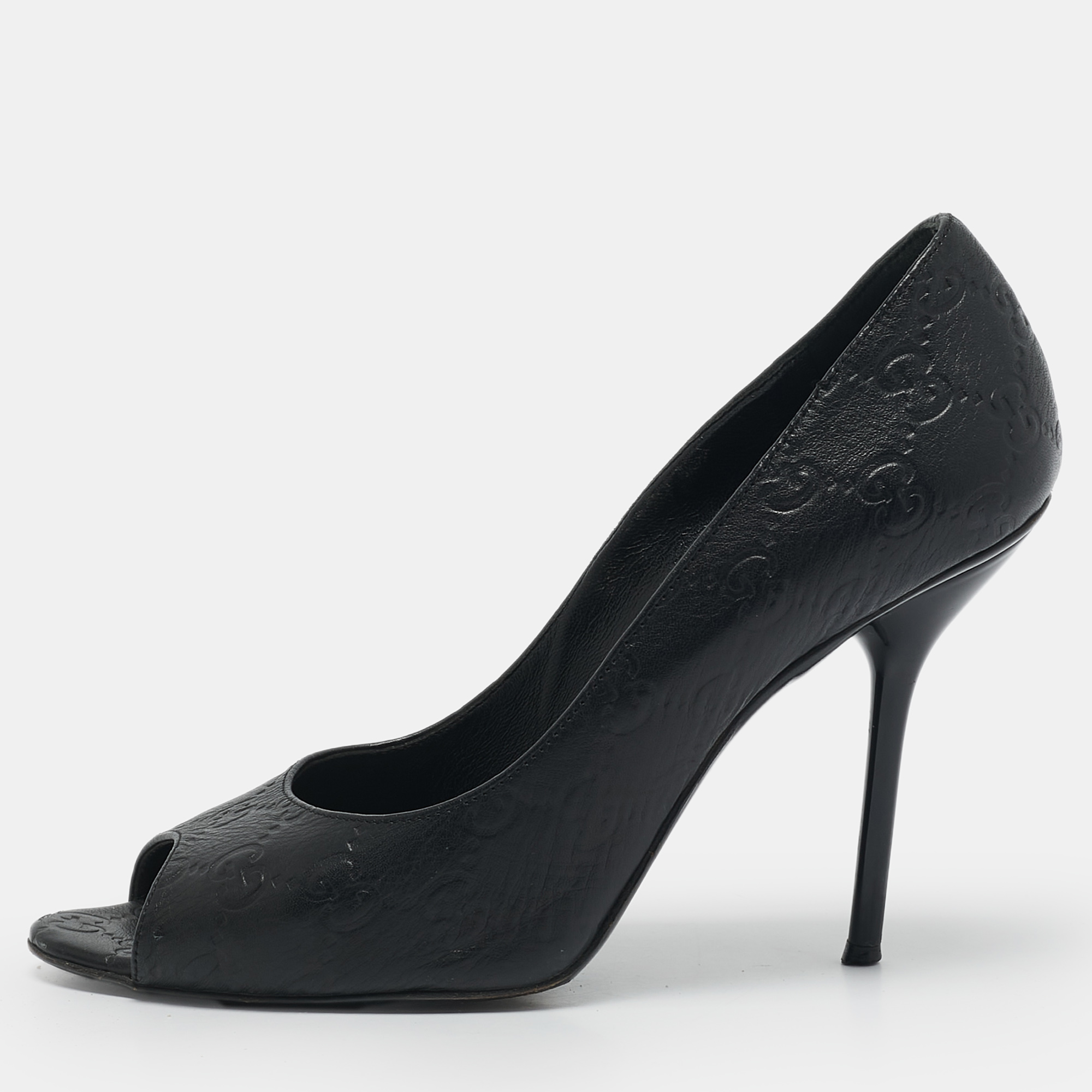 

Gucci Black Guccissima Leather Peep Toe Pumps Size
