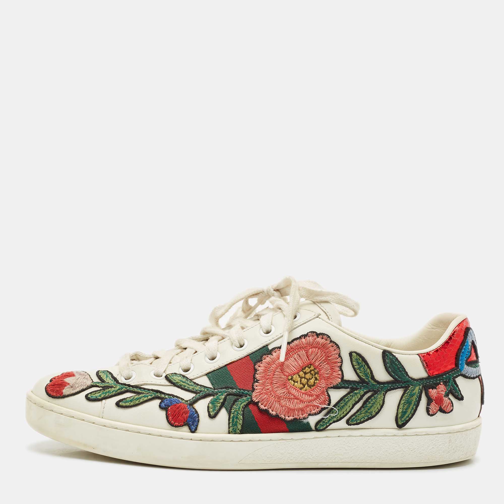 

Gucci White Leather Ace Floral Applique Low Top Sneakers Size