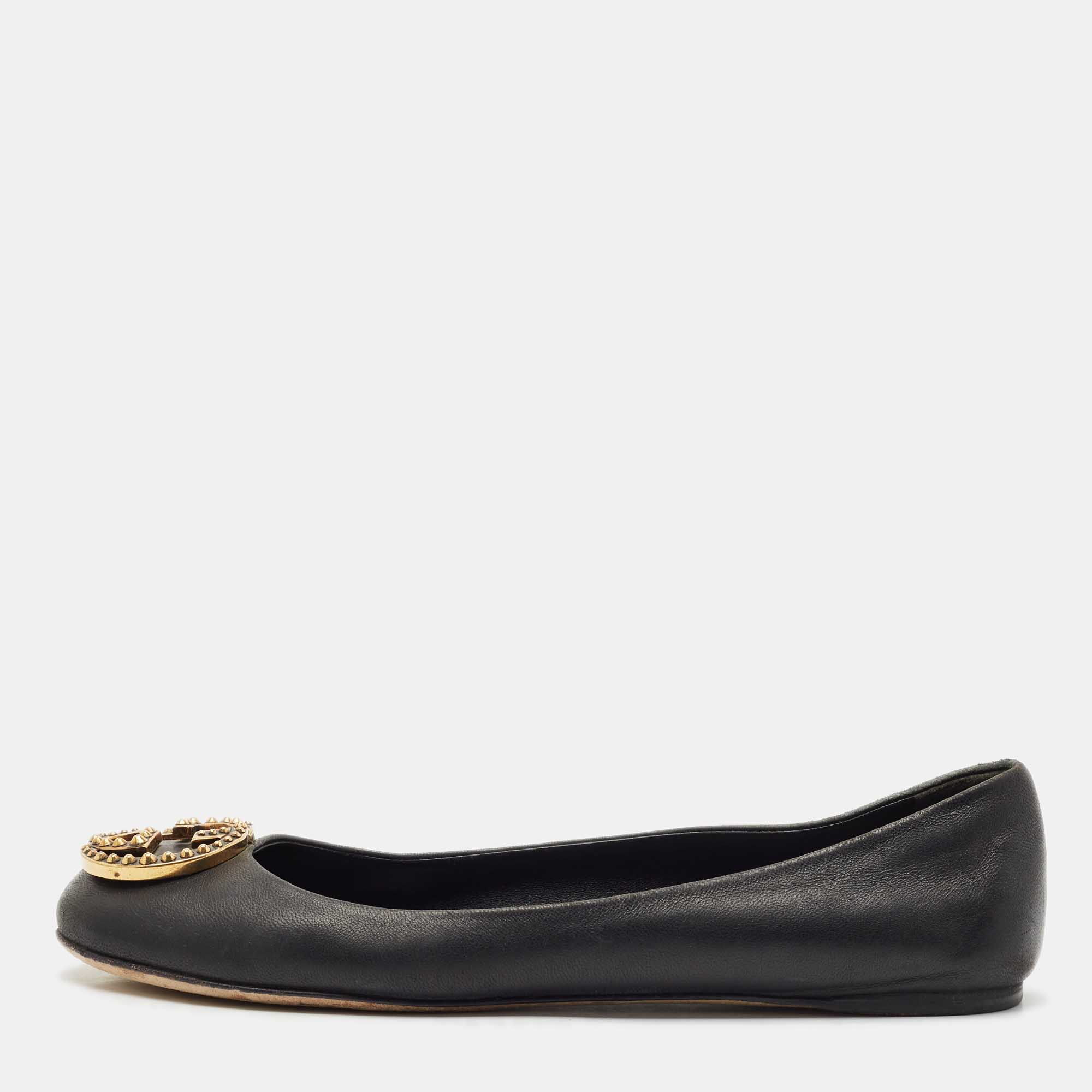 

Gucci Black Leather Interlocking G Spike Ballet Flats Size