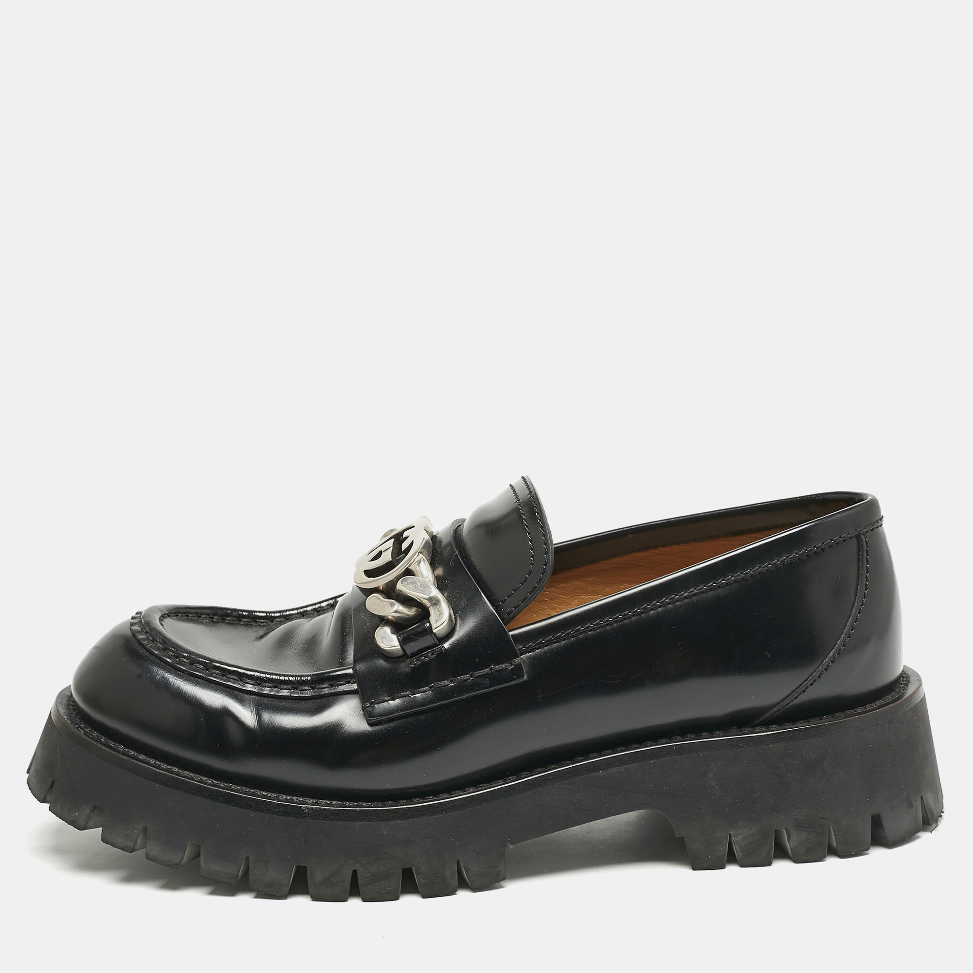 Pre-owned Gucci Black Leather Interlocking G Lug Sole Slip On Loafers Size 40