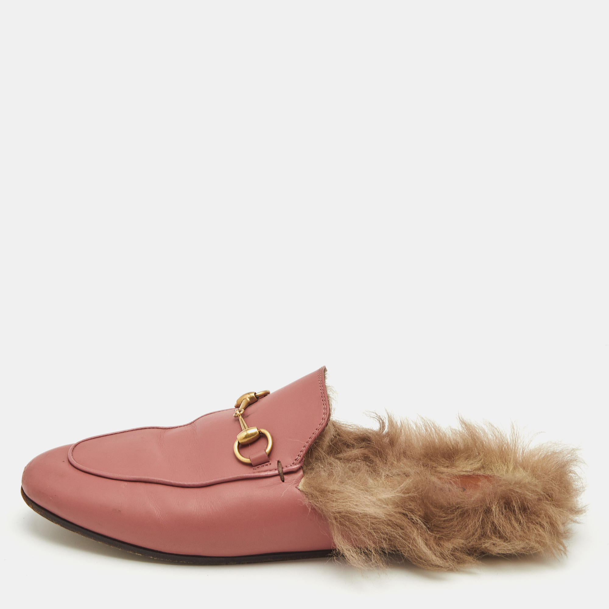 

Gucci Pink/Brown Leather and Fur Princetown Flat Mules Size
