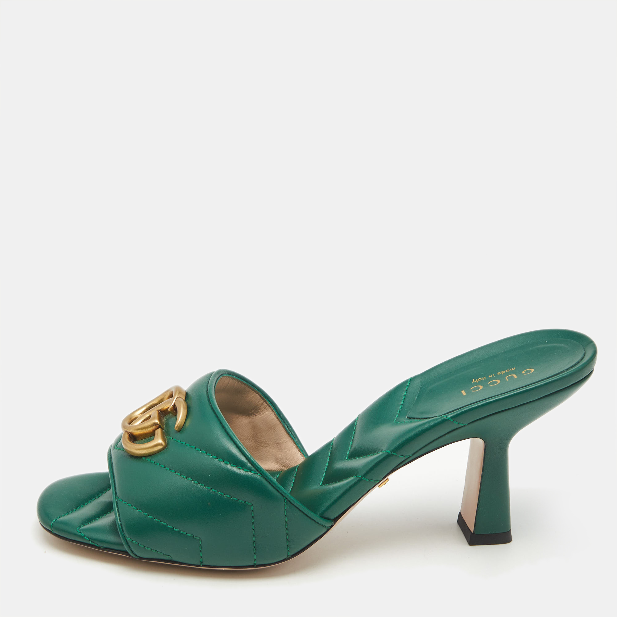 

Gucci Green Matelassé Leather GG Marmont Slide Sandals Size