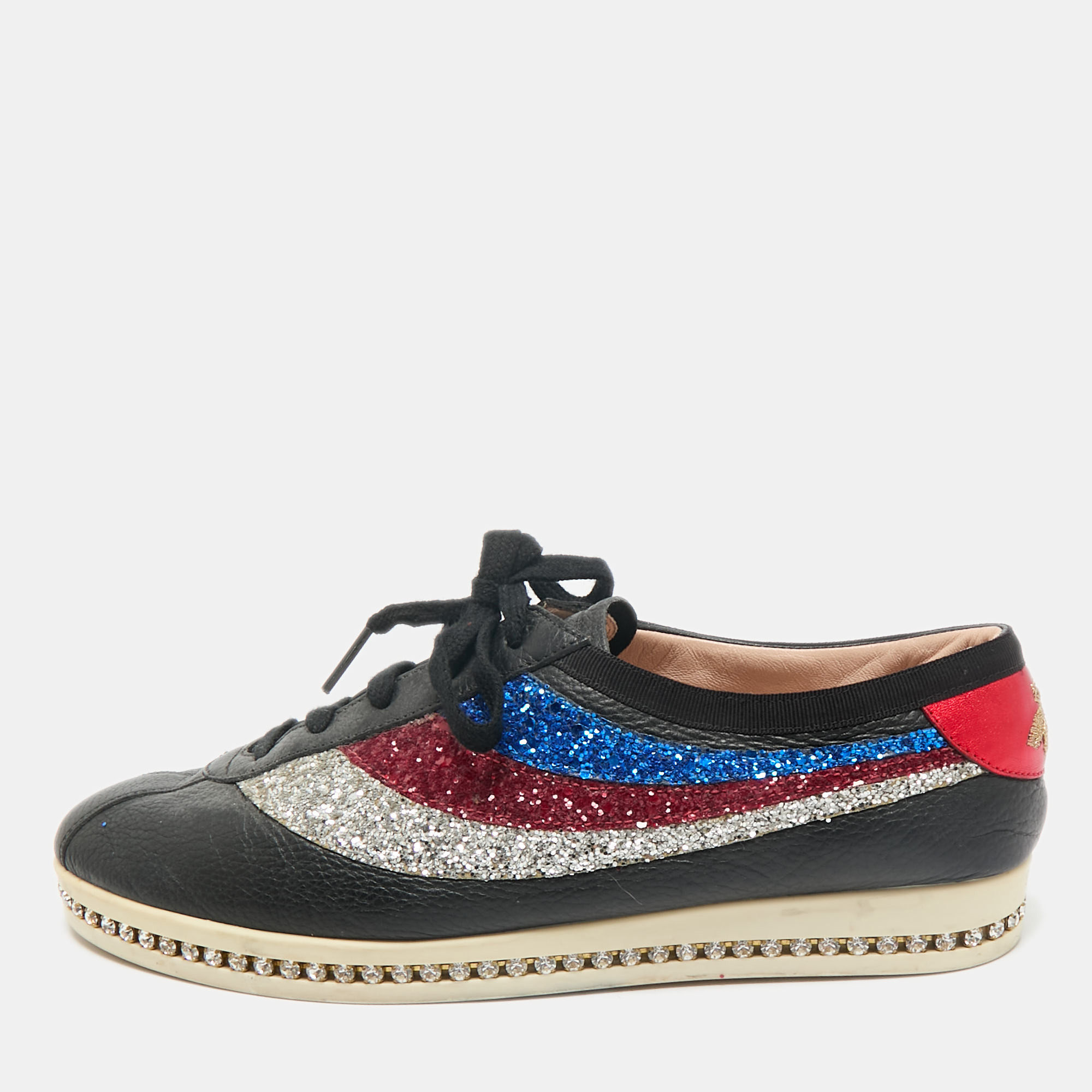 

Gucci Black Leather and Glitter Falacer Low Top Sneakers Size