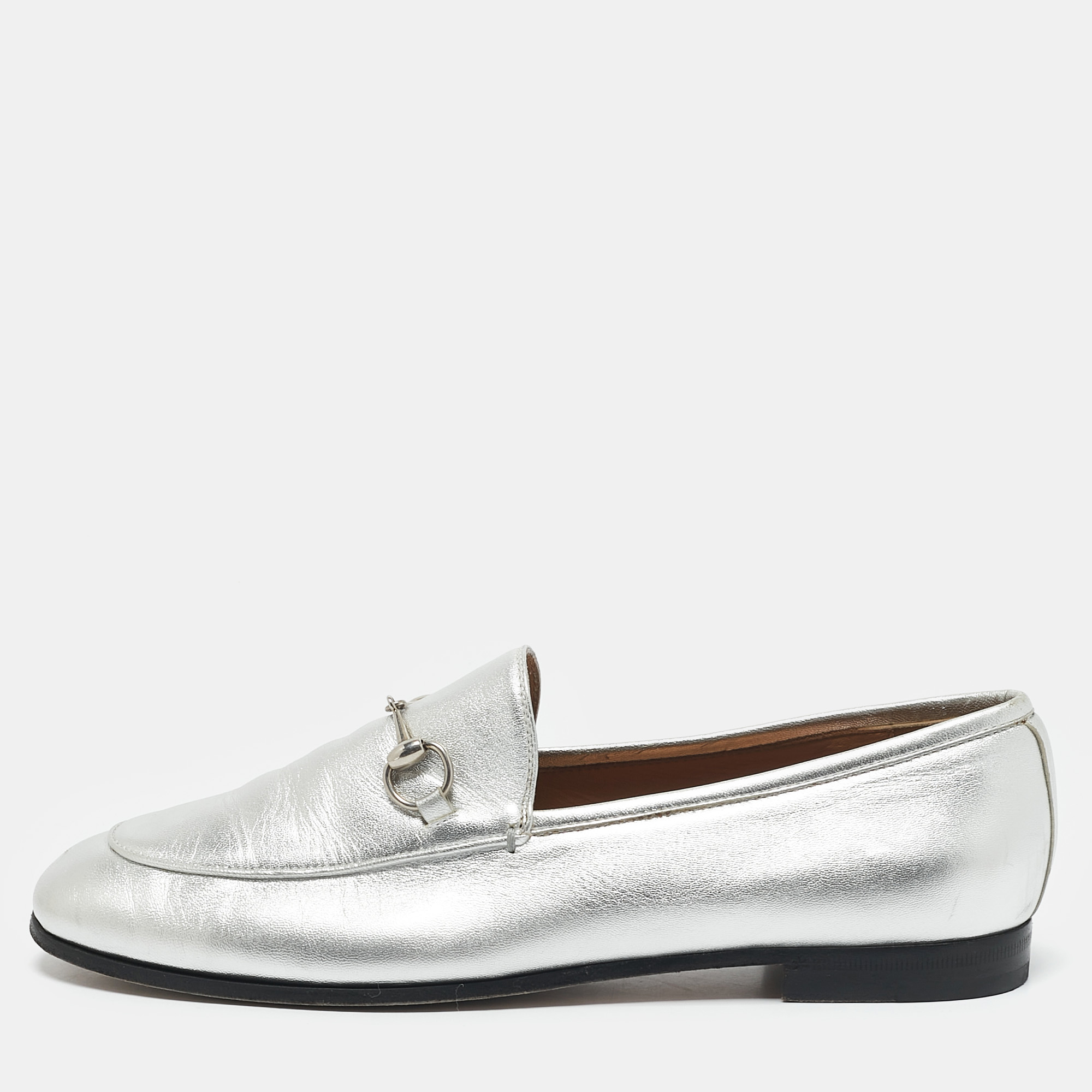 

Gucci Silver Leather Jordaan Horsebit Slip On Loafers Size