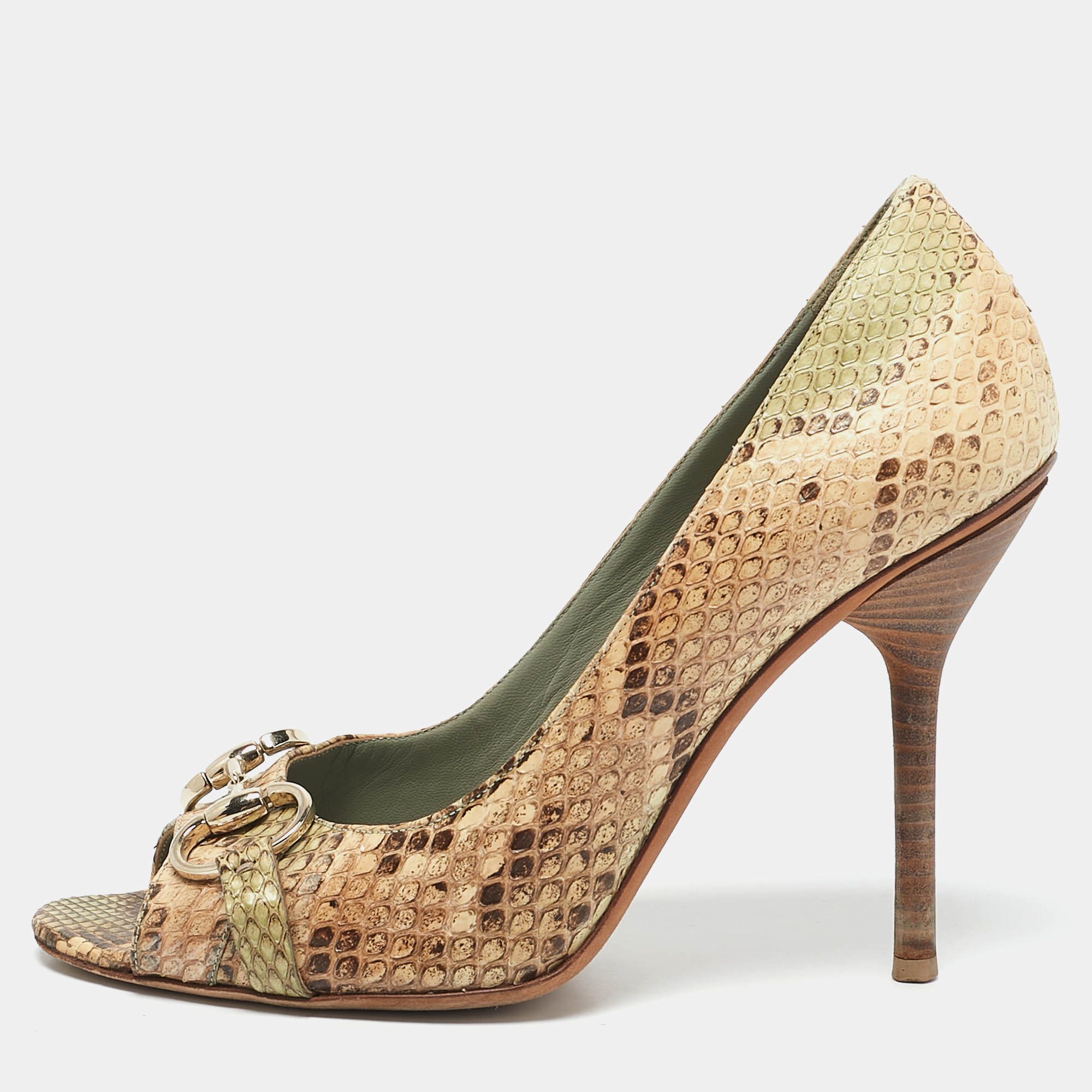 

Gucci Beige/Green Python Horsebit Peep Toe Pumps Size, Multicolor