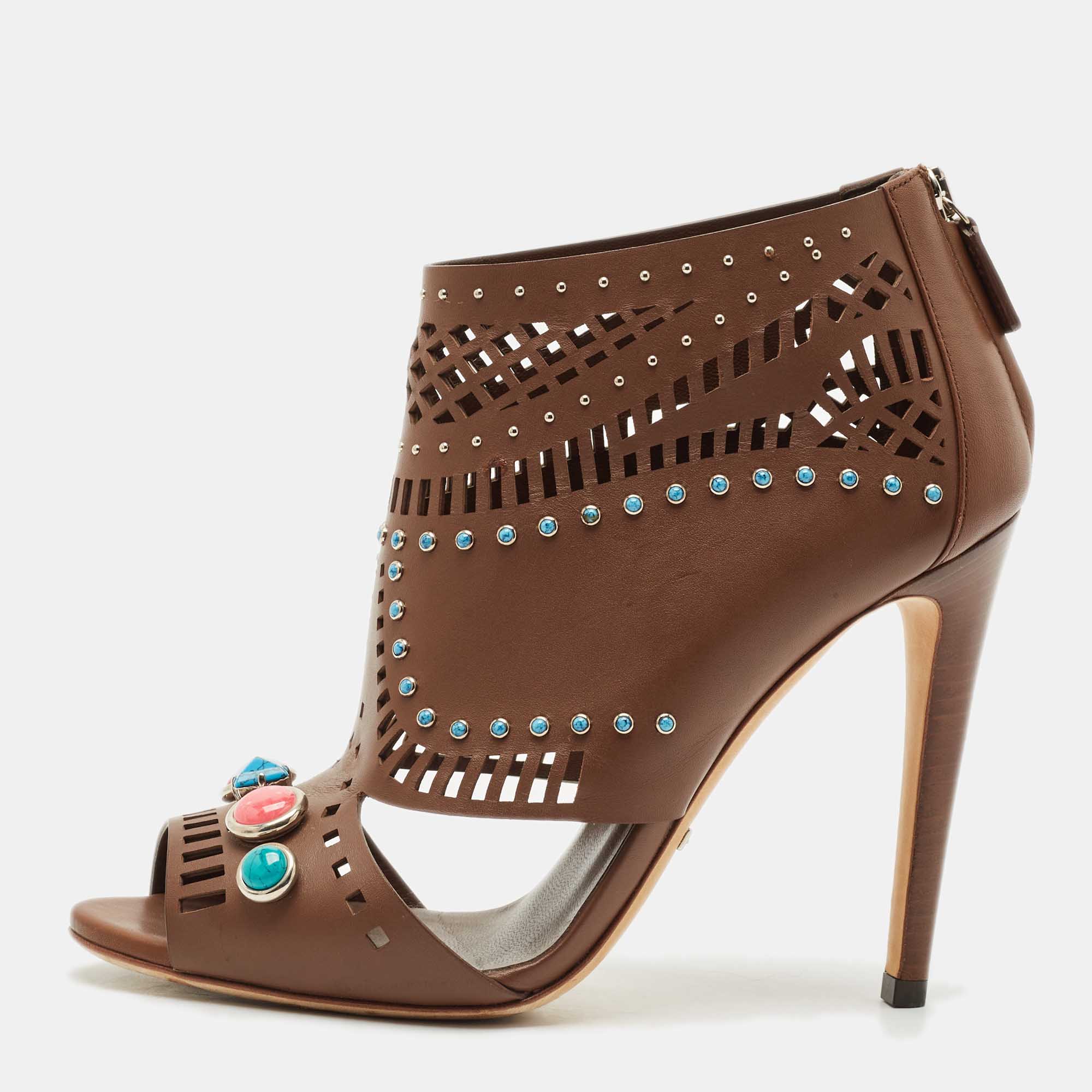 Pre-owned Gucci Brown Leather Lika Embellished Booties Size 38.5
