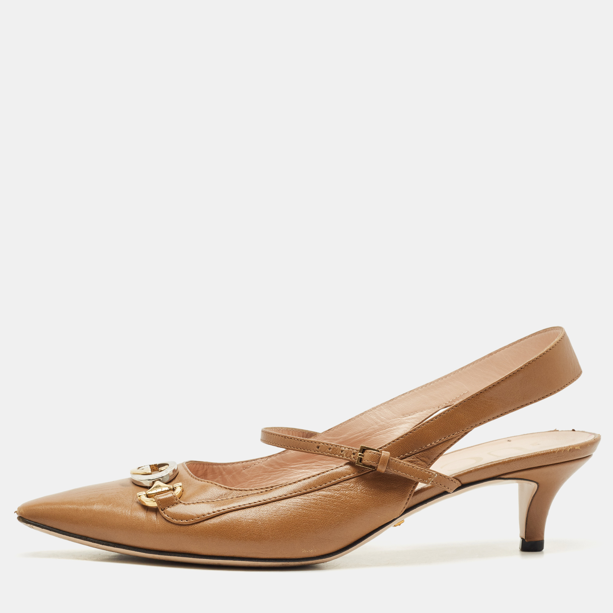 

Gucci Brown Leather Interlocking G Horsebit Zumi Slingback Pumps Size