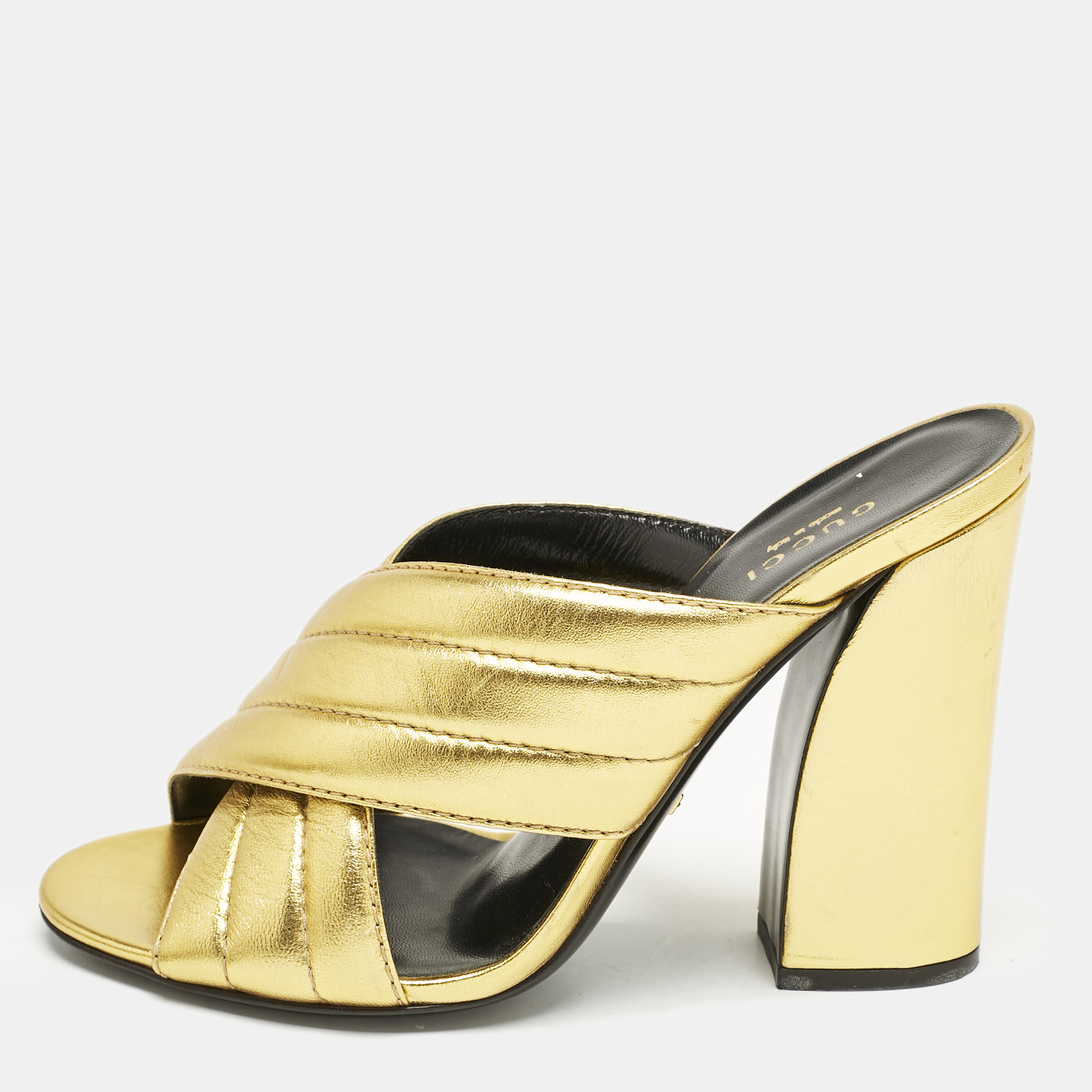 

Gucci Gold Quilted Leather Crisscross Block Heel Slide Sandals Size