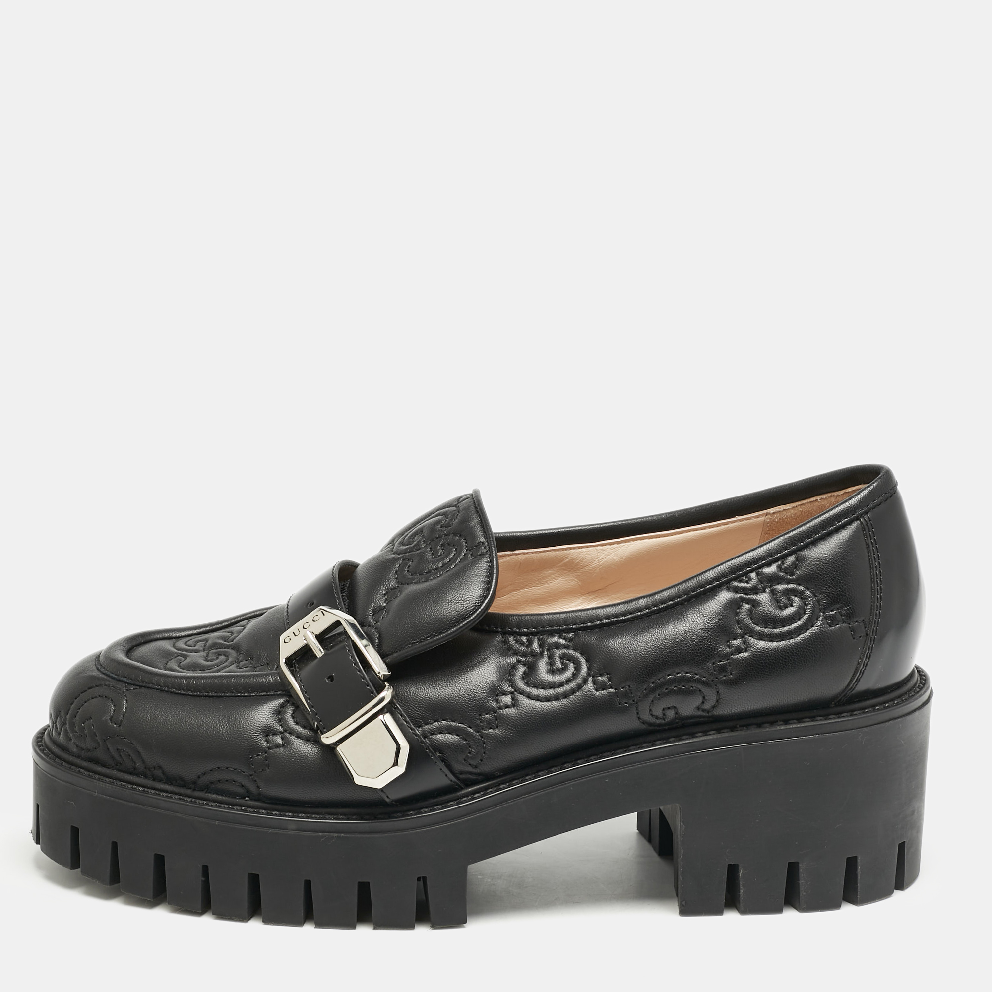 Pre-owned Gucci Black Leather Gg Slip On Loafers Size 40