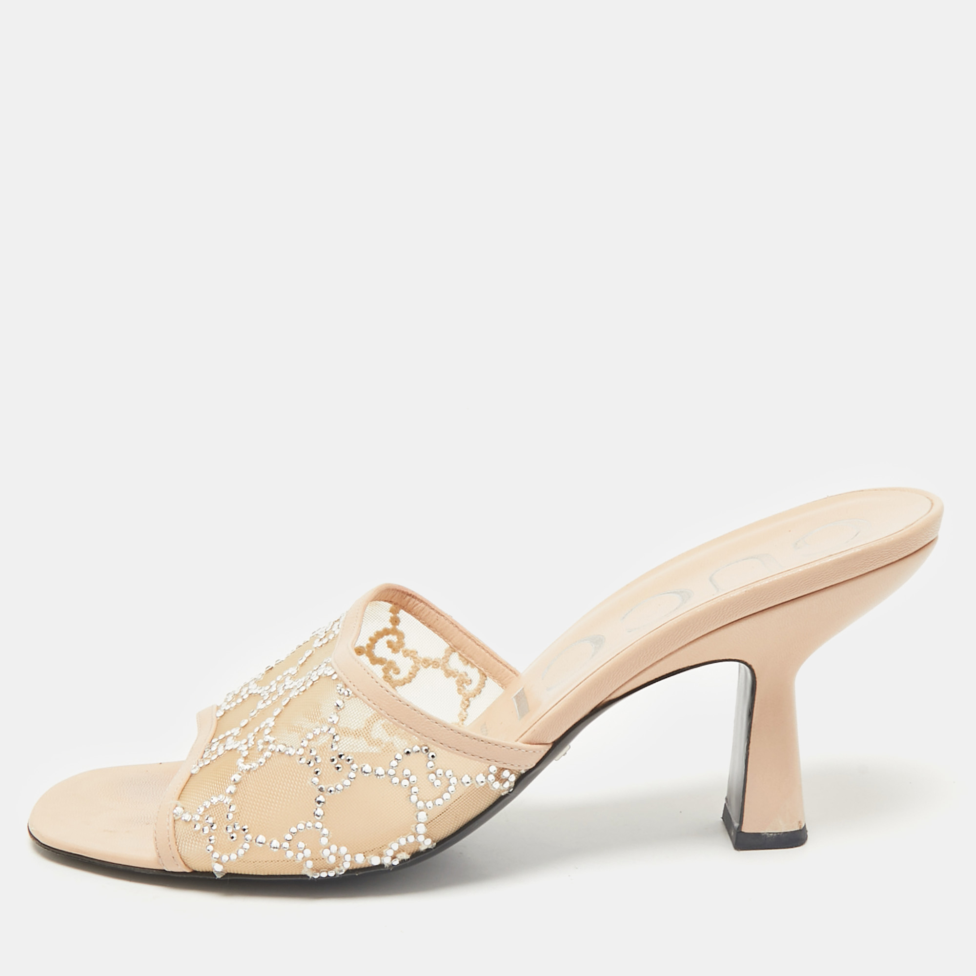 

Gucci Beige Leather and Mesh GG Crystals Slide Sandals Size