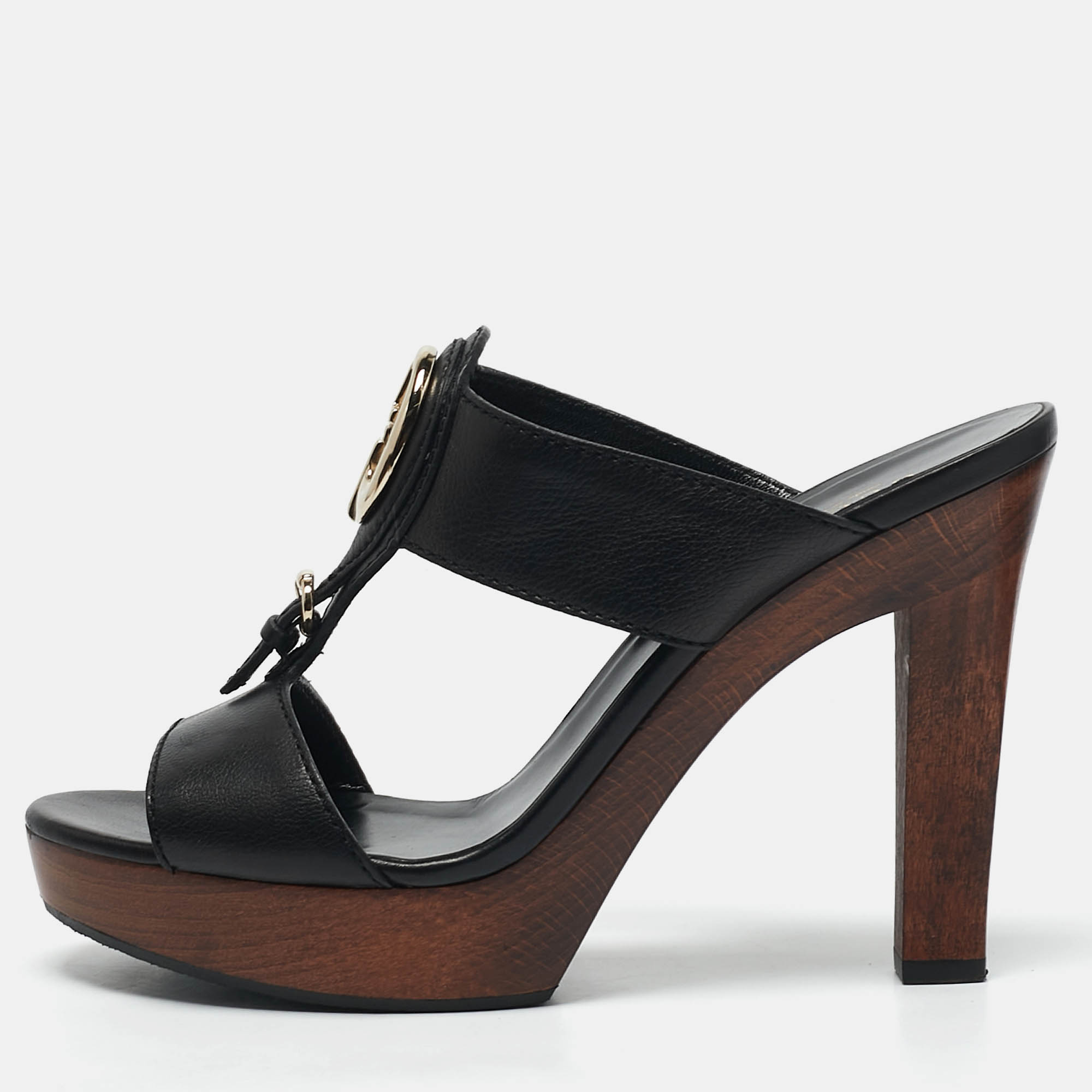 

Gucci Black Leather 1973 Platform Slide Sandals Size