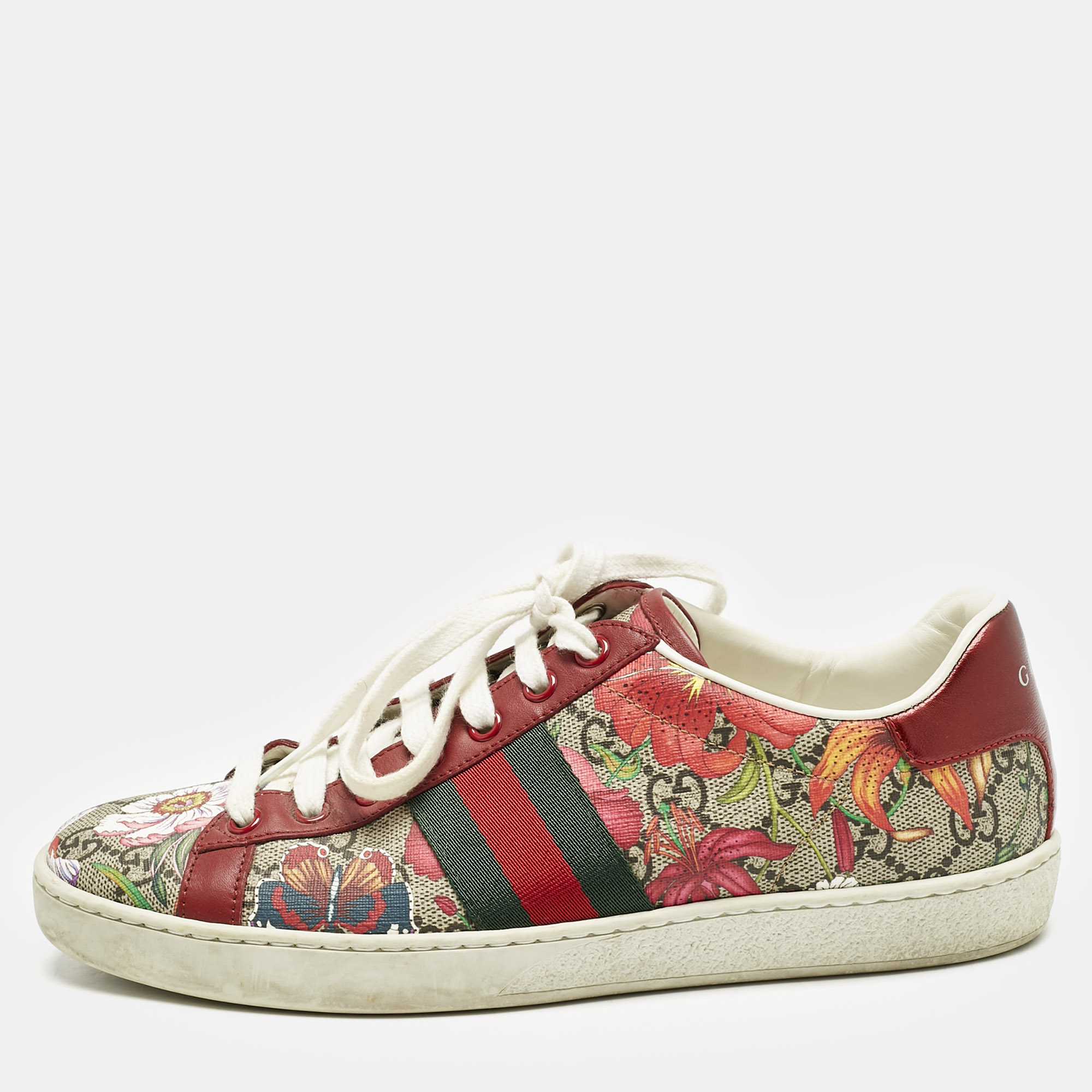 

Gucci Red GG Floral GG Canvas and Leather Ace Low Top Sneakers Size