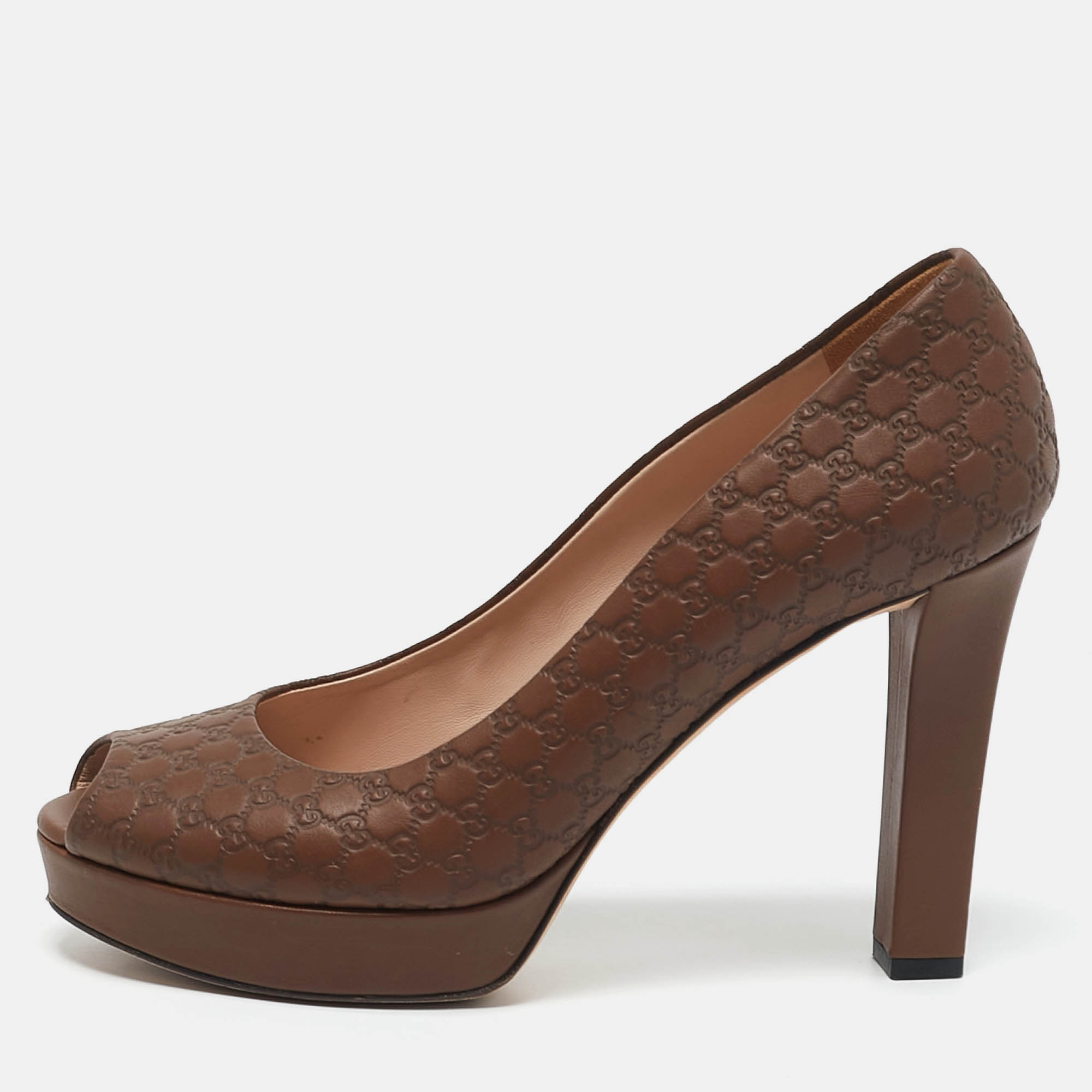 

Gucci Brown Microguccissima Leather Peep Toe Platform Pumps Size