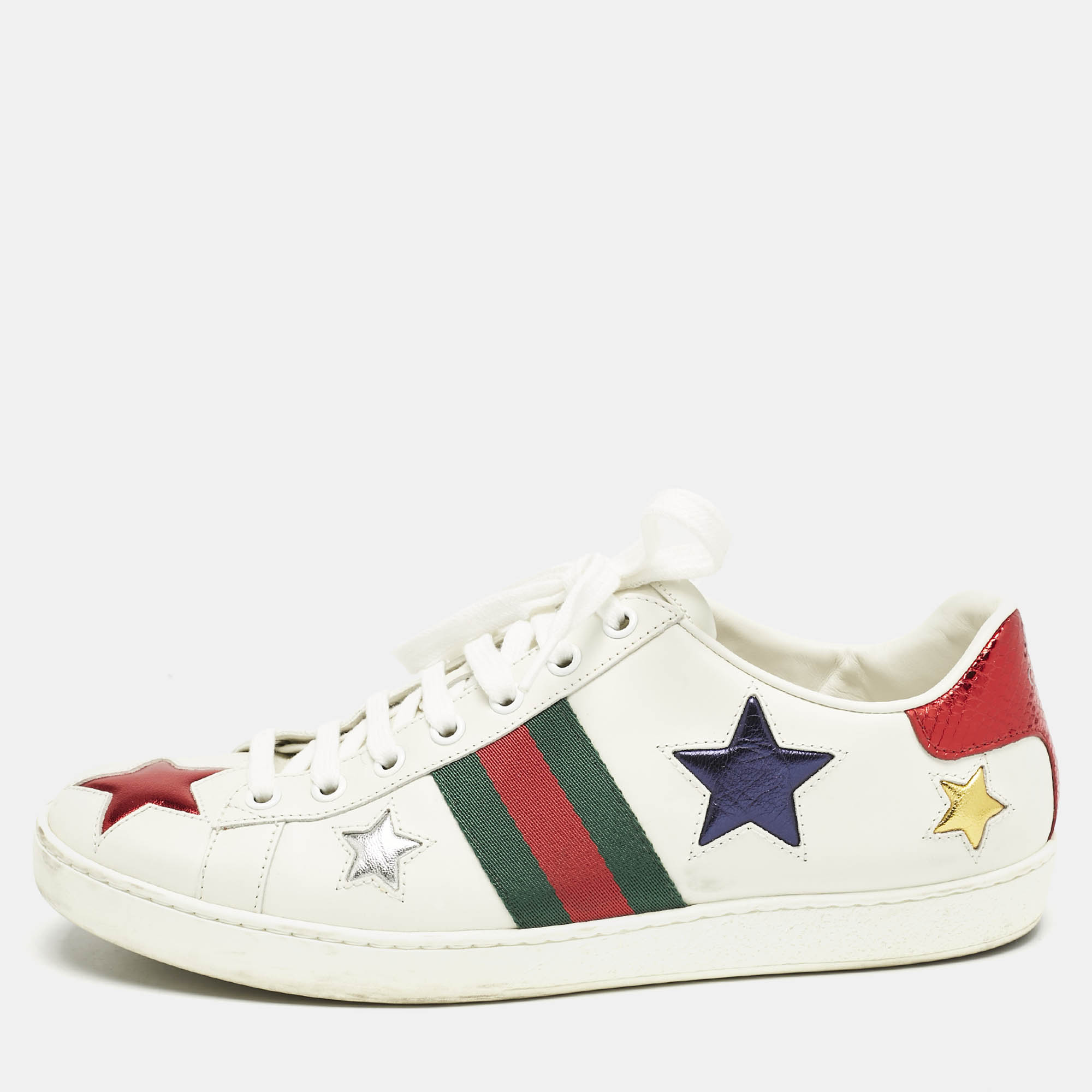 

Gucci White Leather Ace Web Star Detail Lace Up Sneakers Size