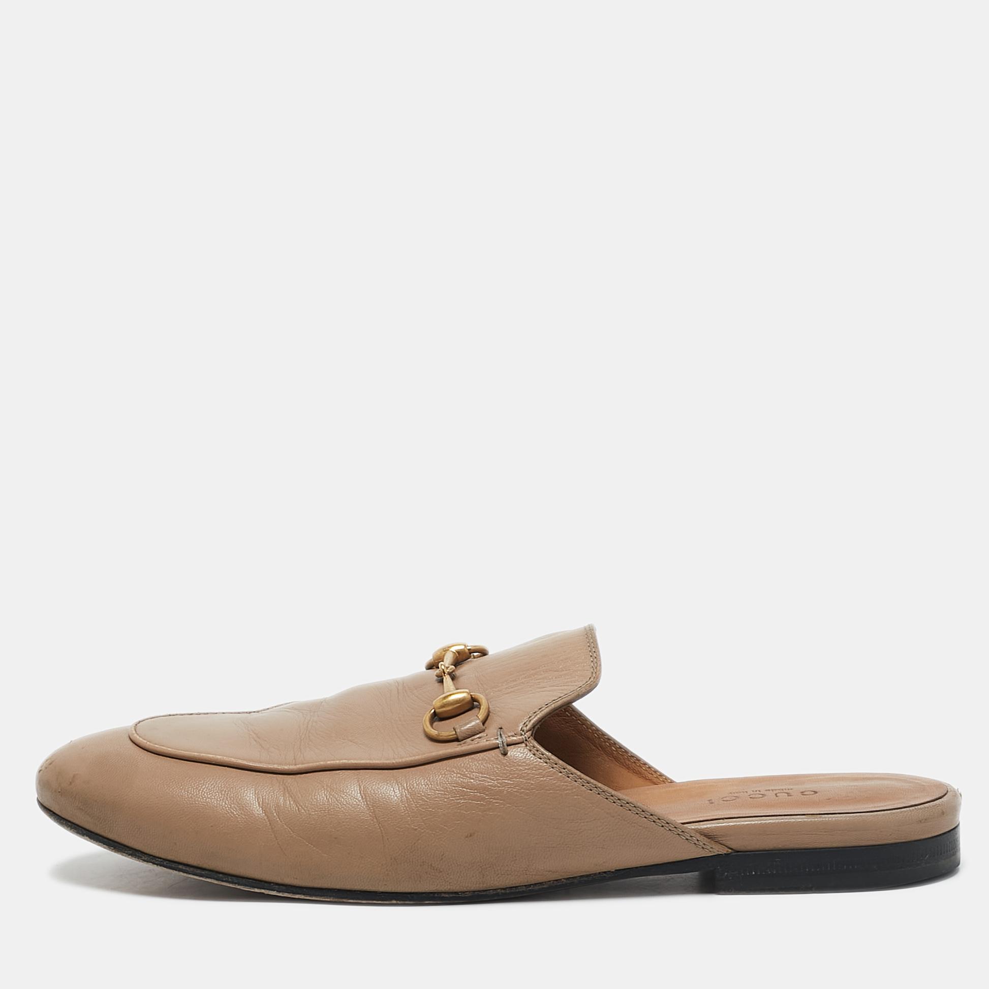 

Gucci Beige Leather Horsebit Princetown Flat Mules Size