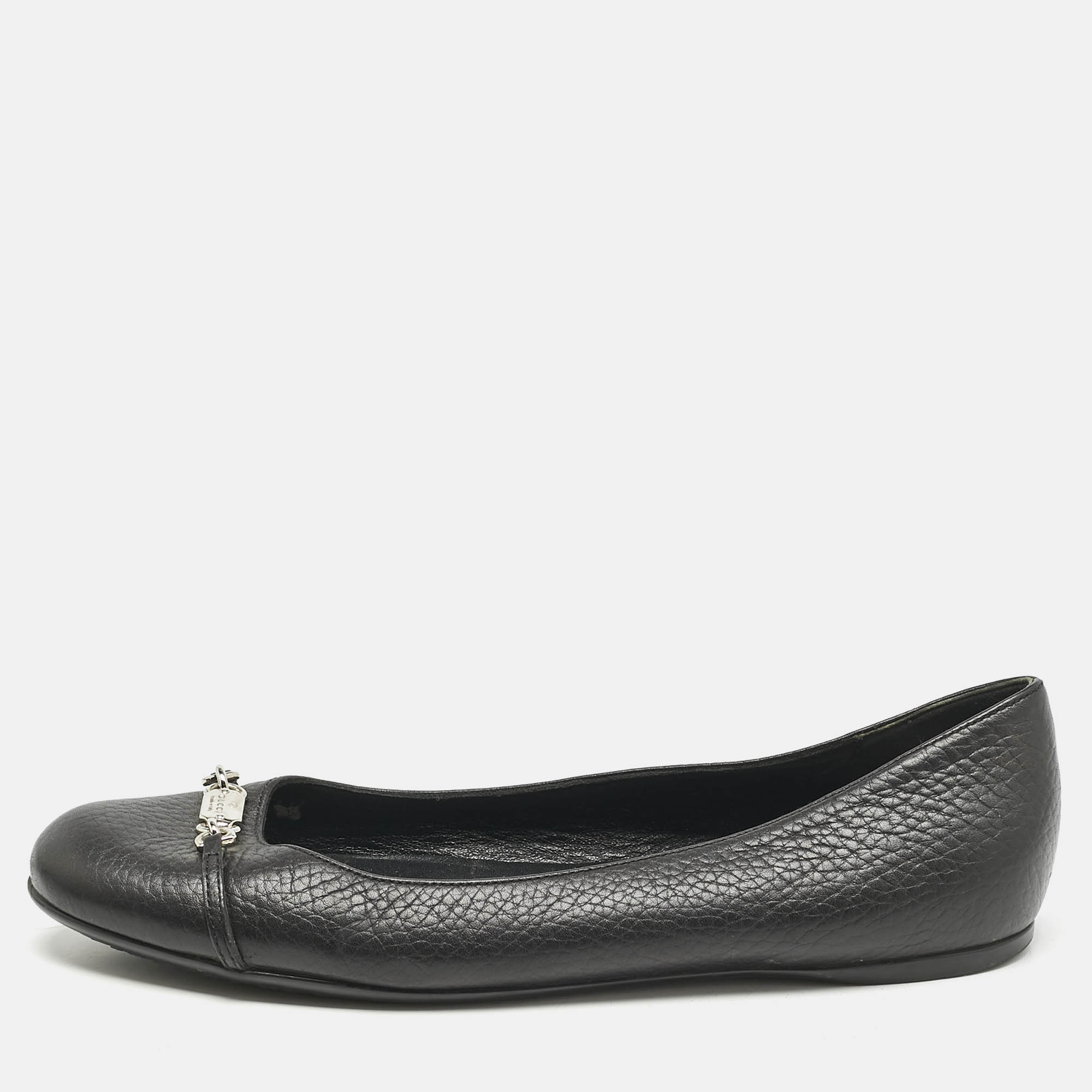 

Gucci Black Leather Chain Logo Round Toe Ballet Flats Size