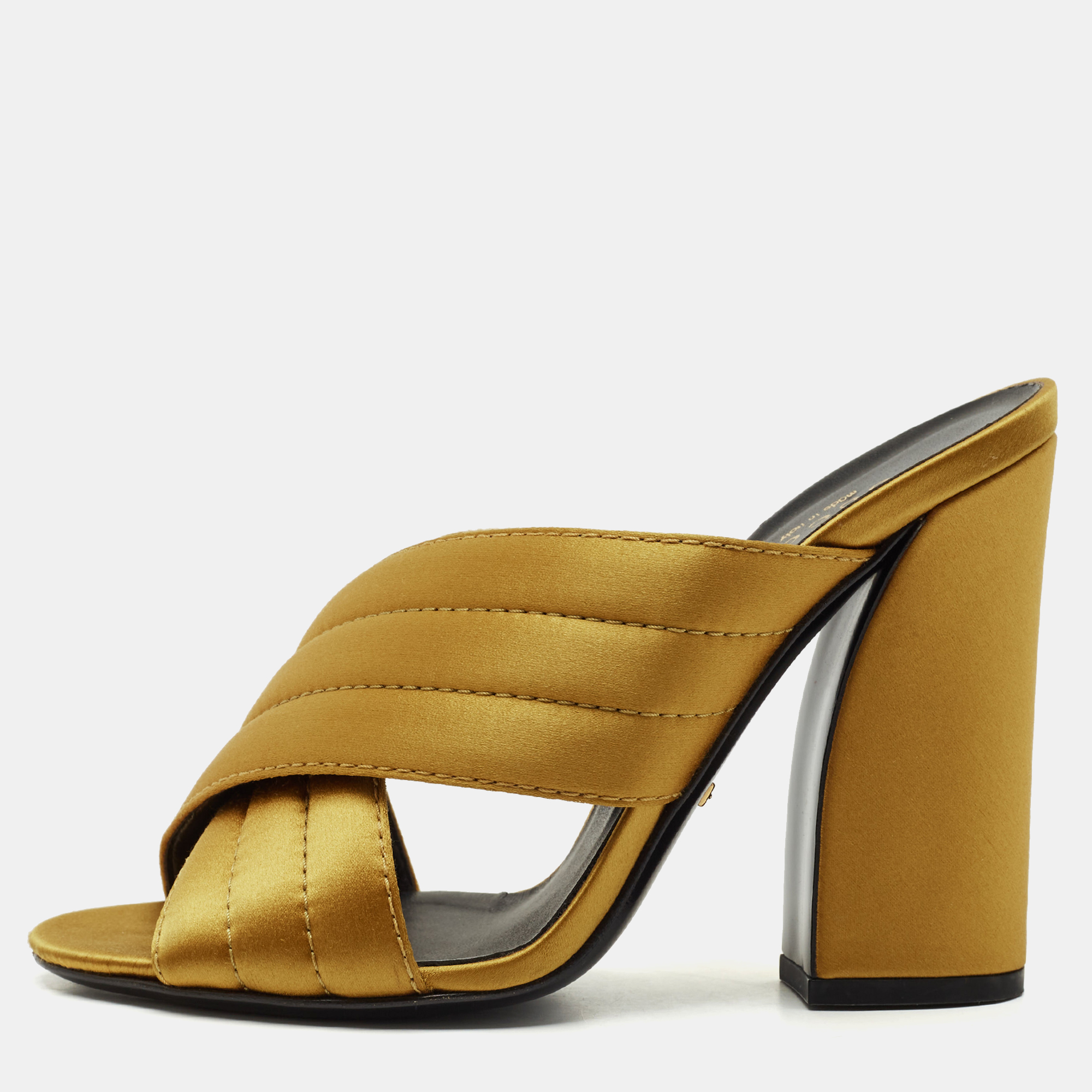 

Gucci Mustard Yellow Quilted Satin Crisscross Block Heel Slide Sandals Size