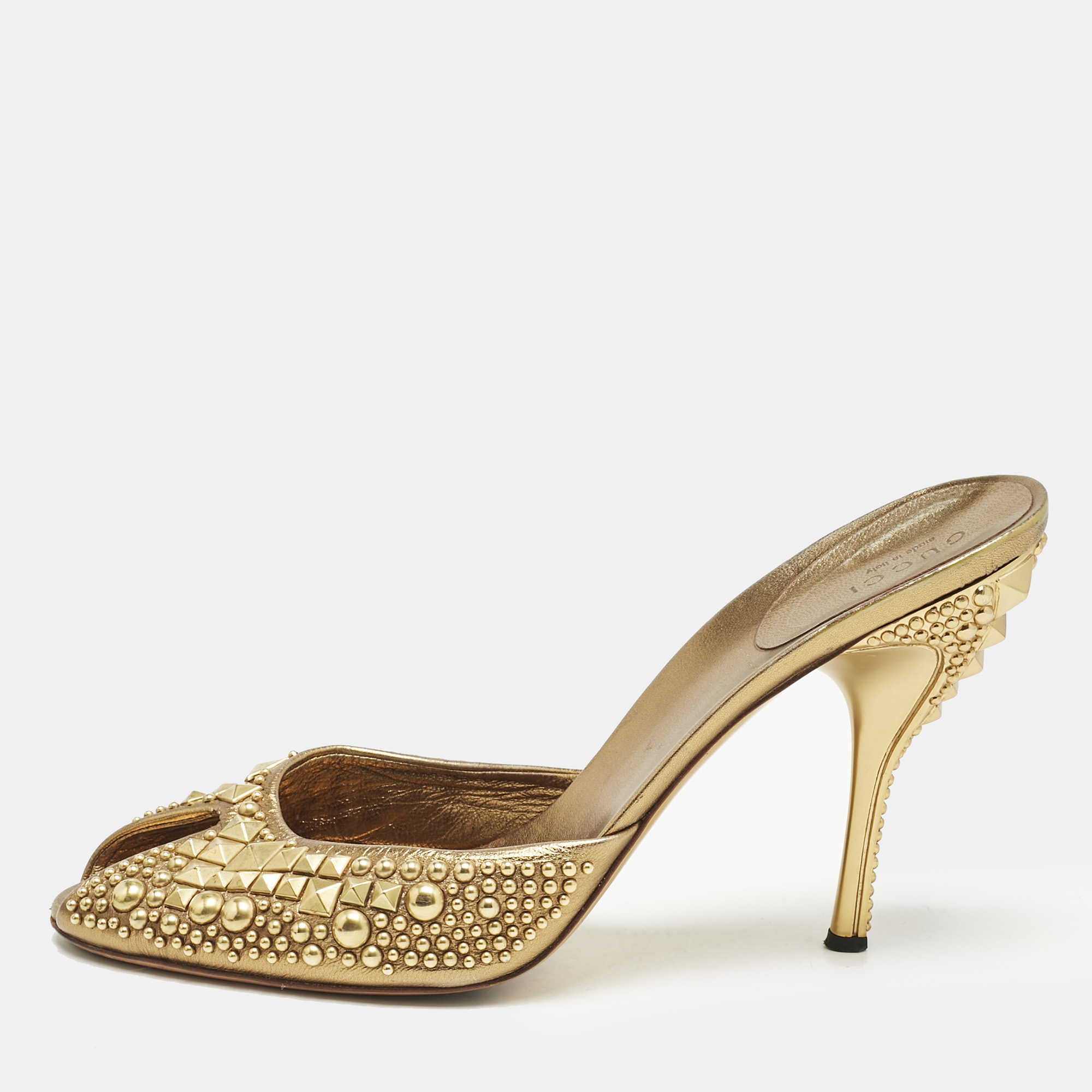 

Gucci Metallic Gold Studded Leather Peep Toe Slide Mules Size 40.5
