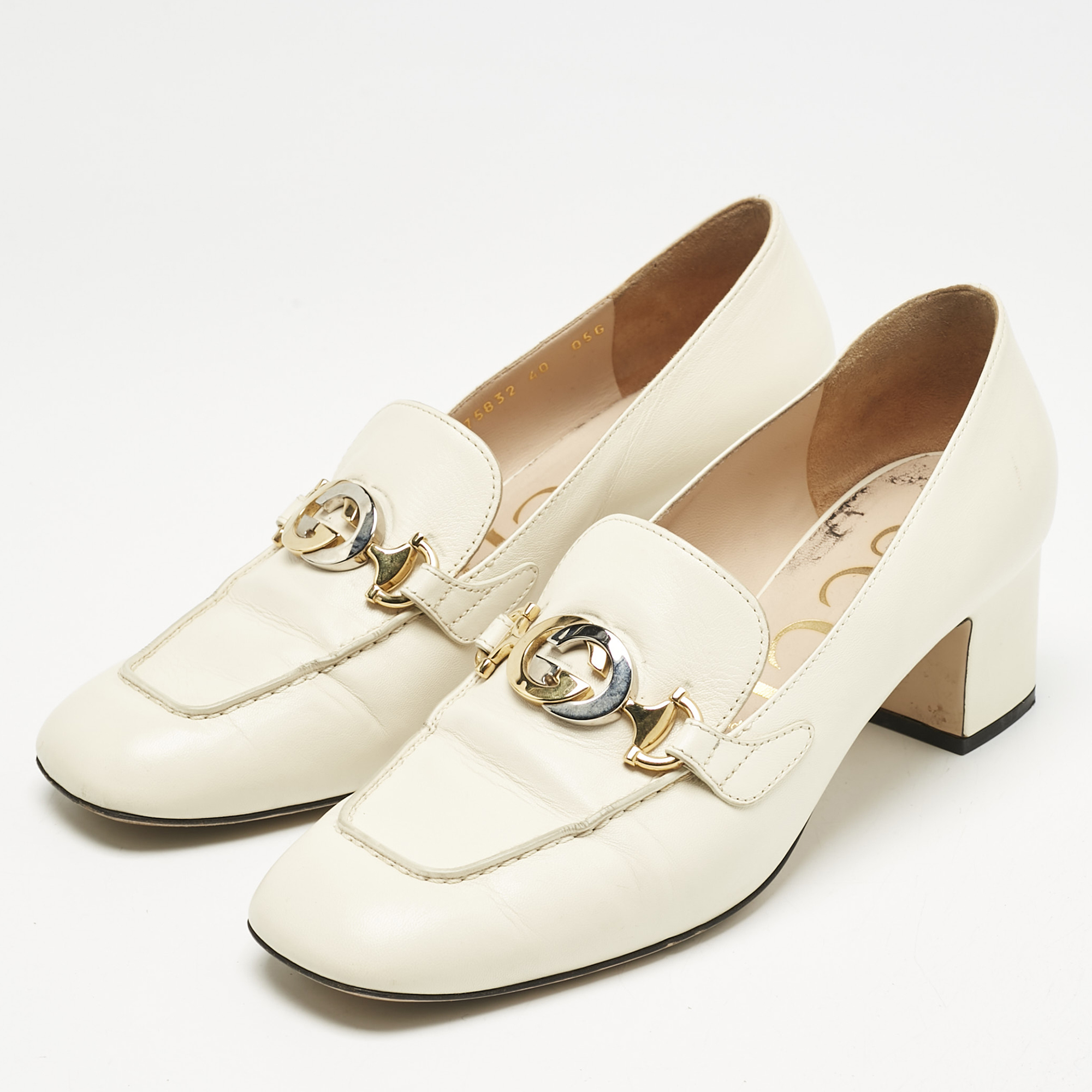 

Gucci Off White Leather Zumi GG Block Heel Loafer Pumps Size
