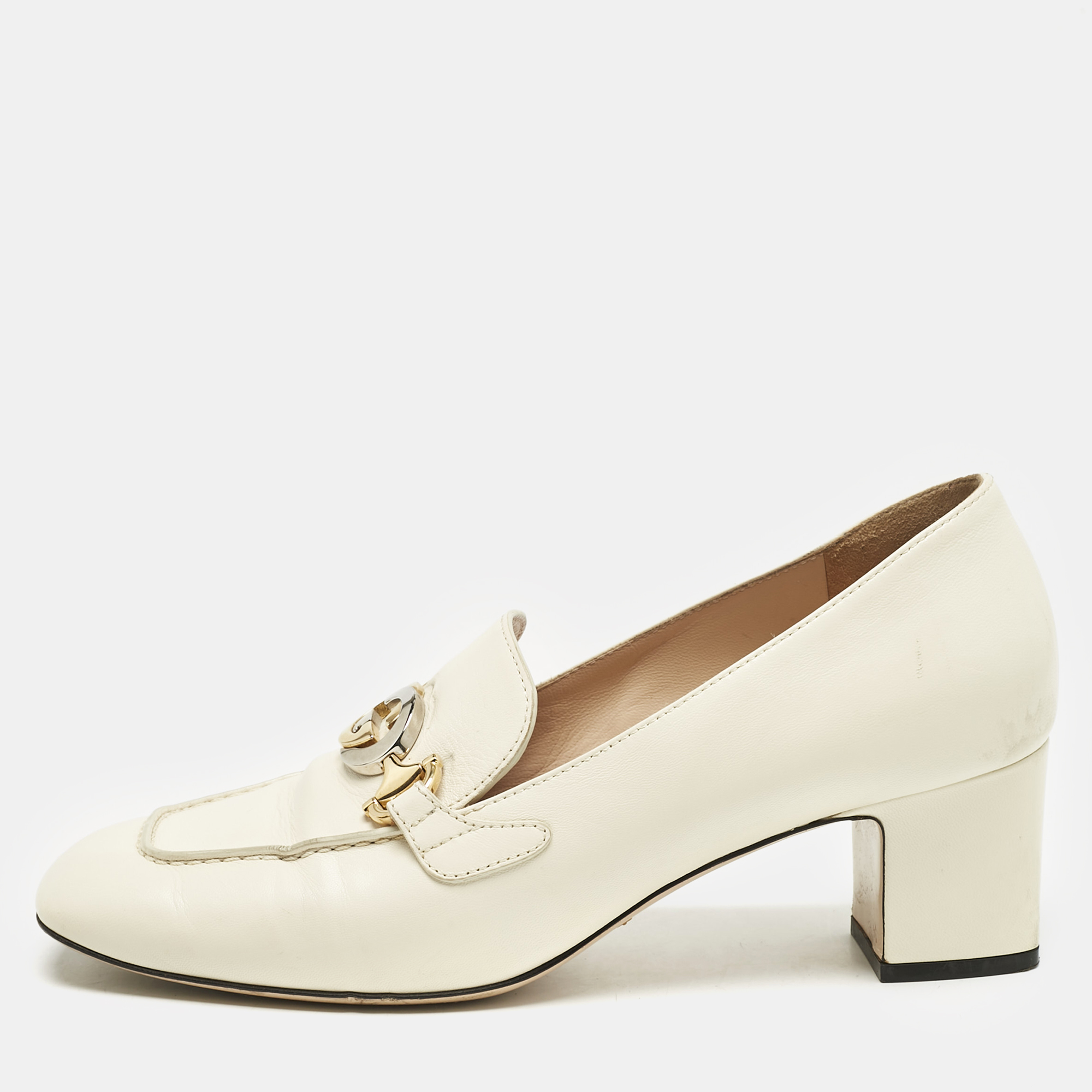 

Gucci Off White Leather Zumi GG Block Heel Loafer Pumps Size