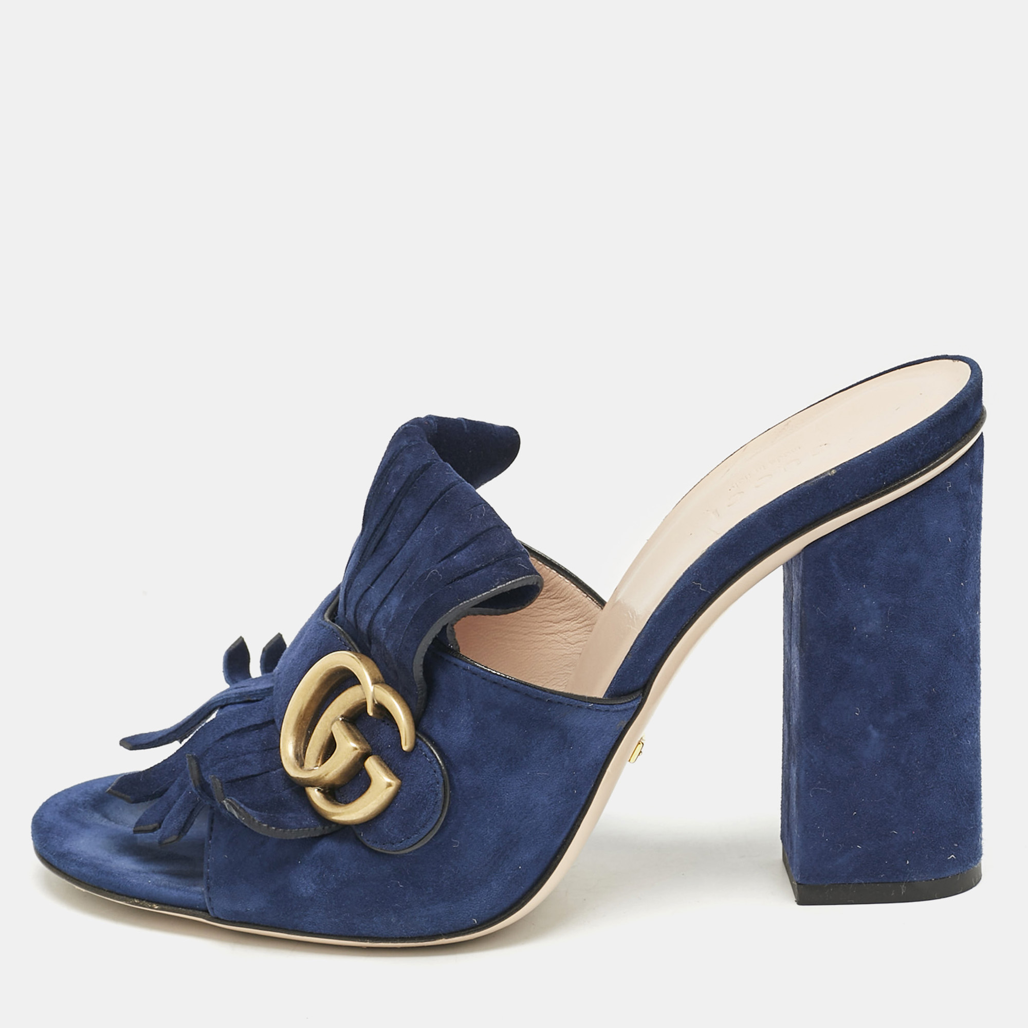 

Gucci Navy Blue Suede GG Marmont Fringe Block Heel Slide Sandals Size