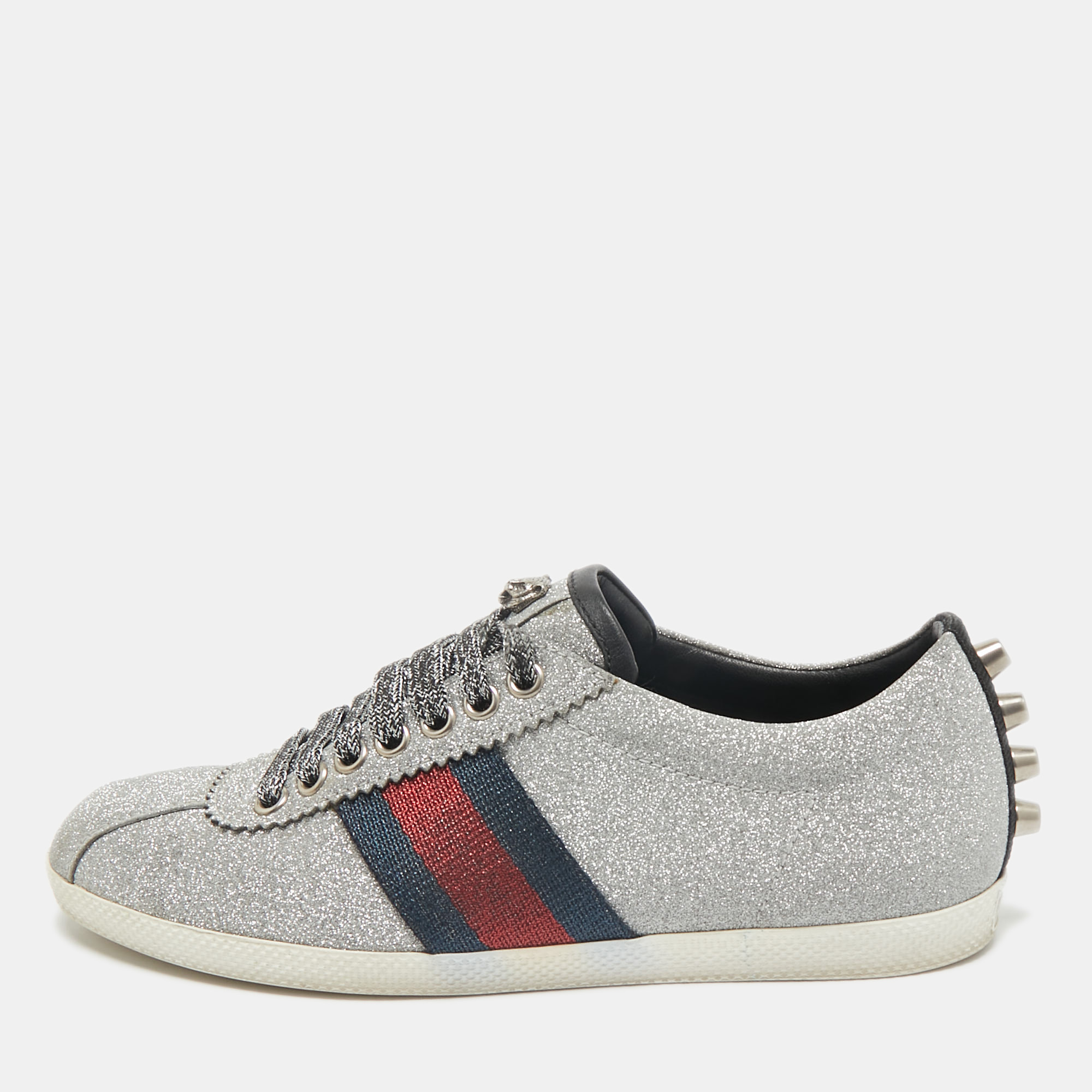 

Gucci Silver Glitter Leather Bambi Web Sneakers Size