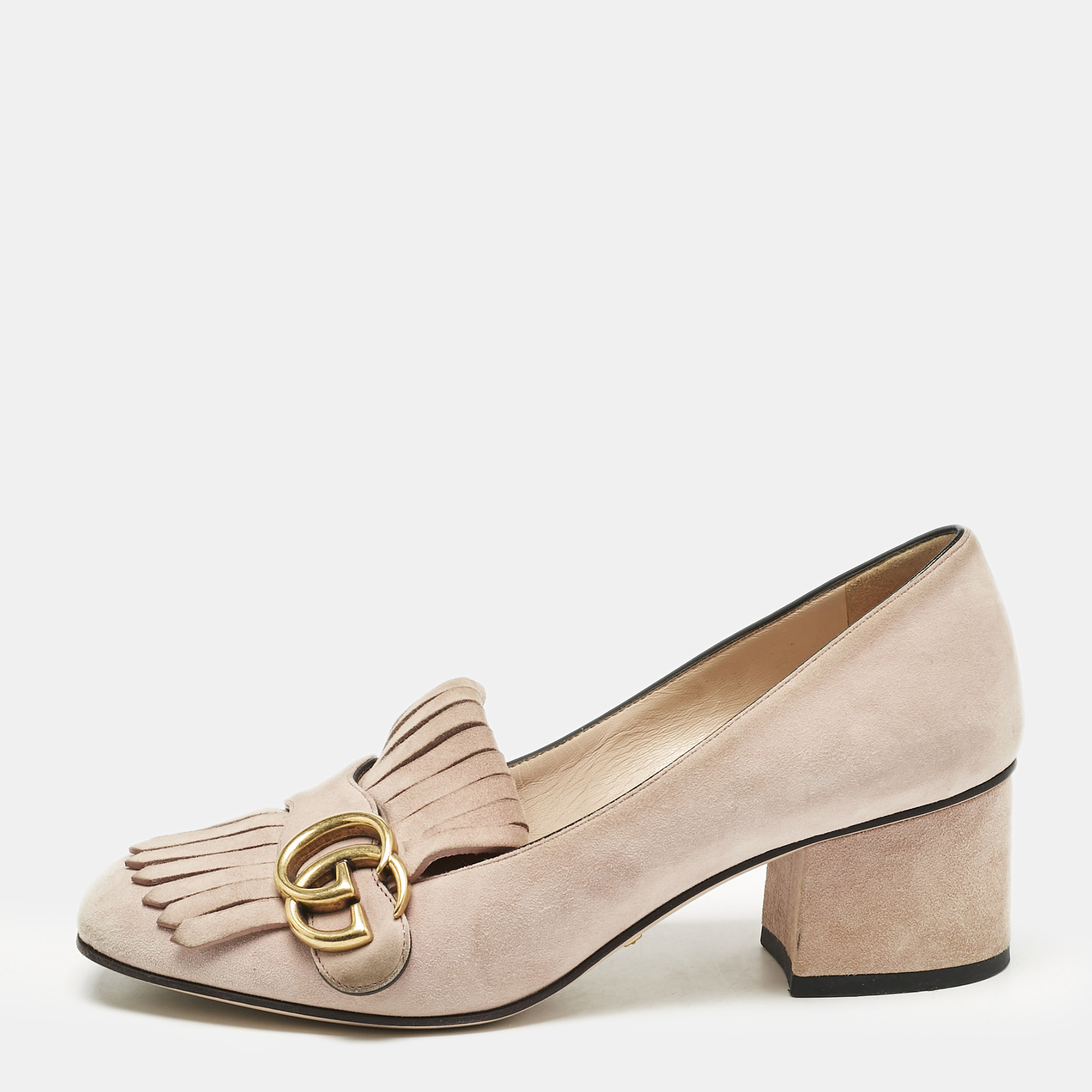 

Gucci Light Pink Suede GG Marmont Fringe Pumps Size