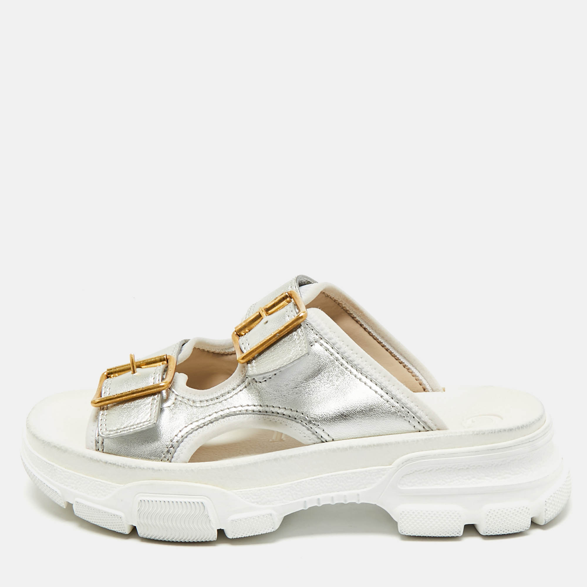 

Gucci Metallic Silver Leather Aguru Buckle Chunky Slide Sandals Size