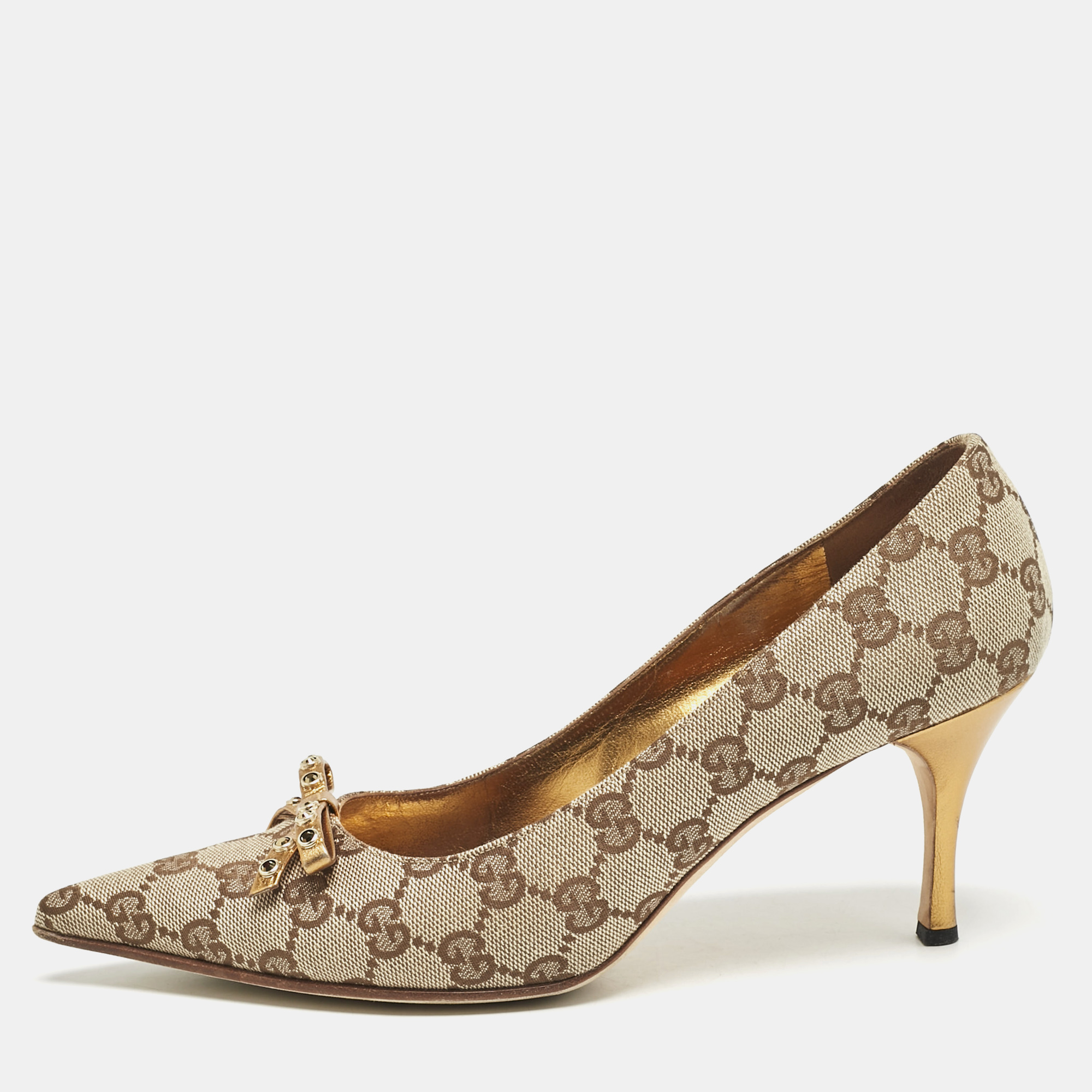 

Gucci Beige GG Canvas and Leather Crystal Embellished Bow Pumps Size