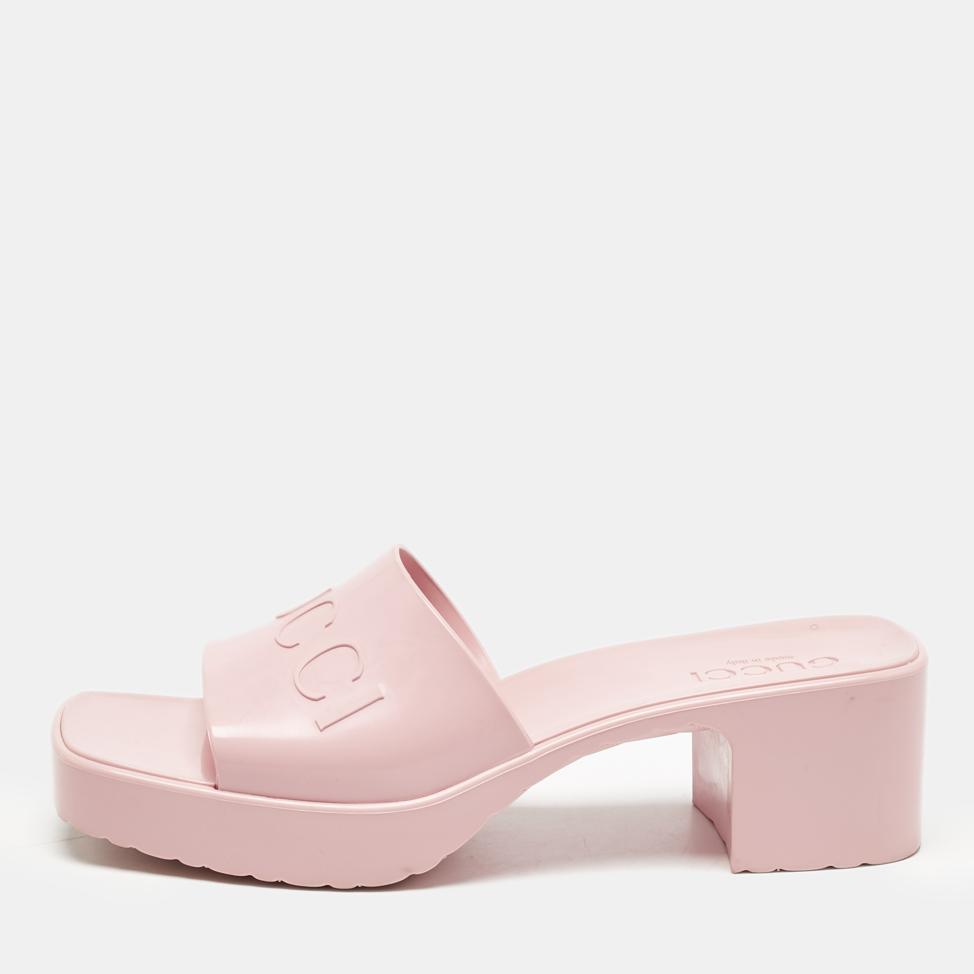 

Gucci Pink Rubber Embossed Logo Block Heel Slide Sandals Size