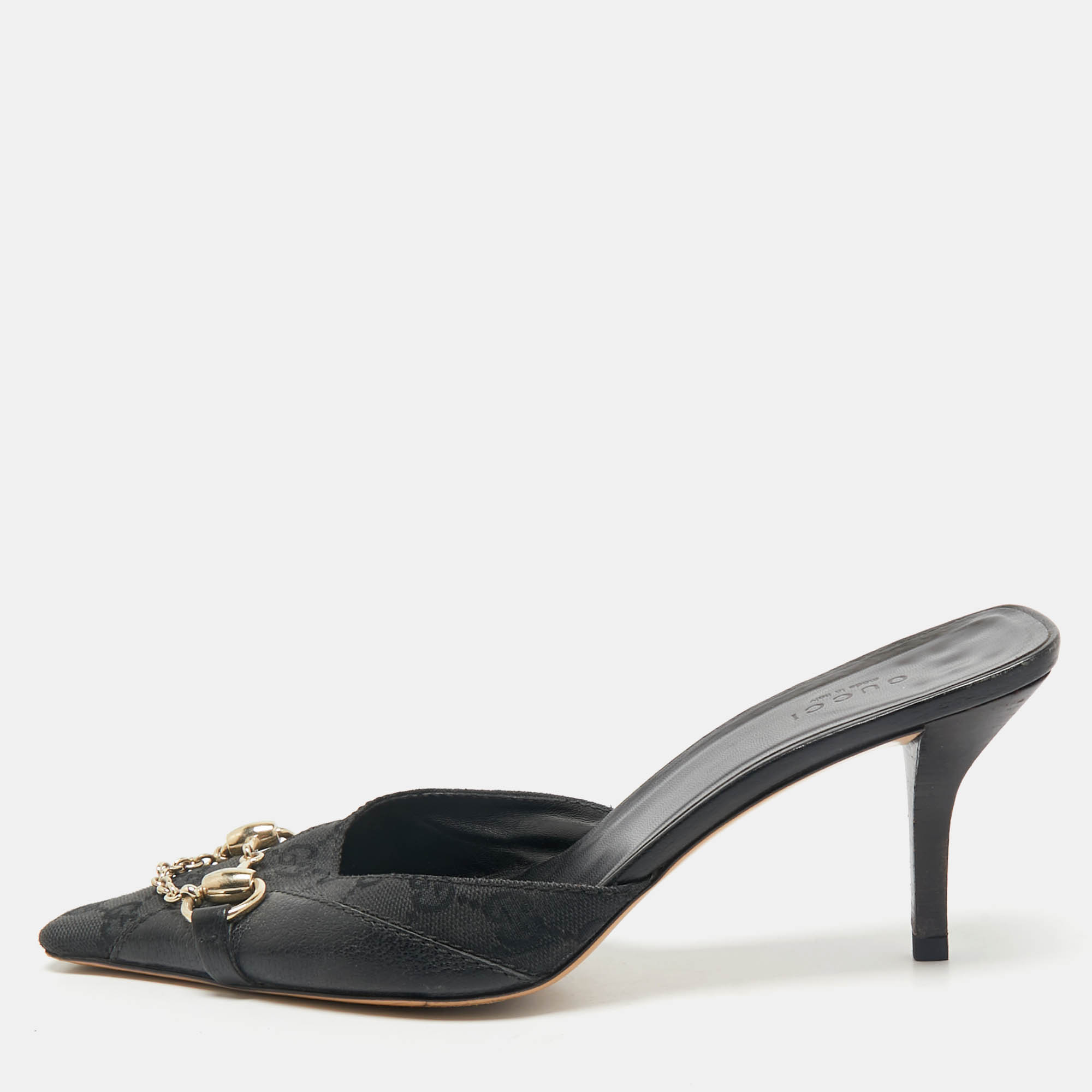 

Gucci Black GG Canvas and Leather Vintage Horsebit Chain Mules Size