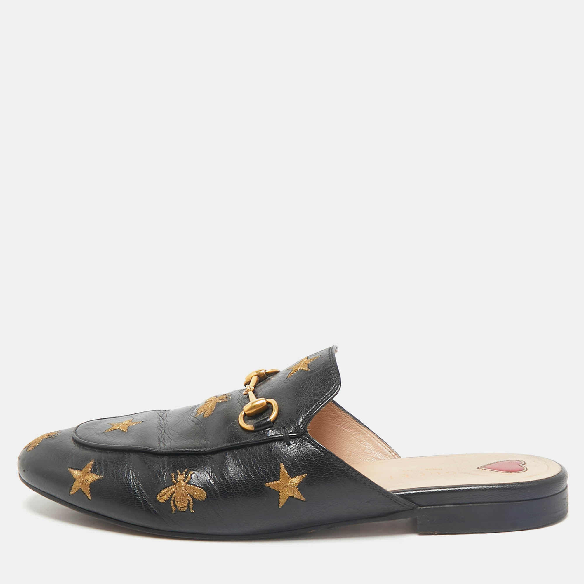 

Gucci Black Leather Bee and Star Embroidered Horsebit Princetown Flat Mules Size