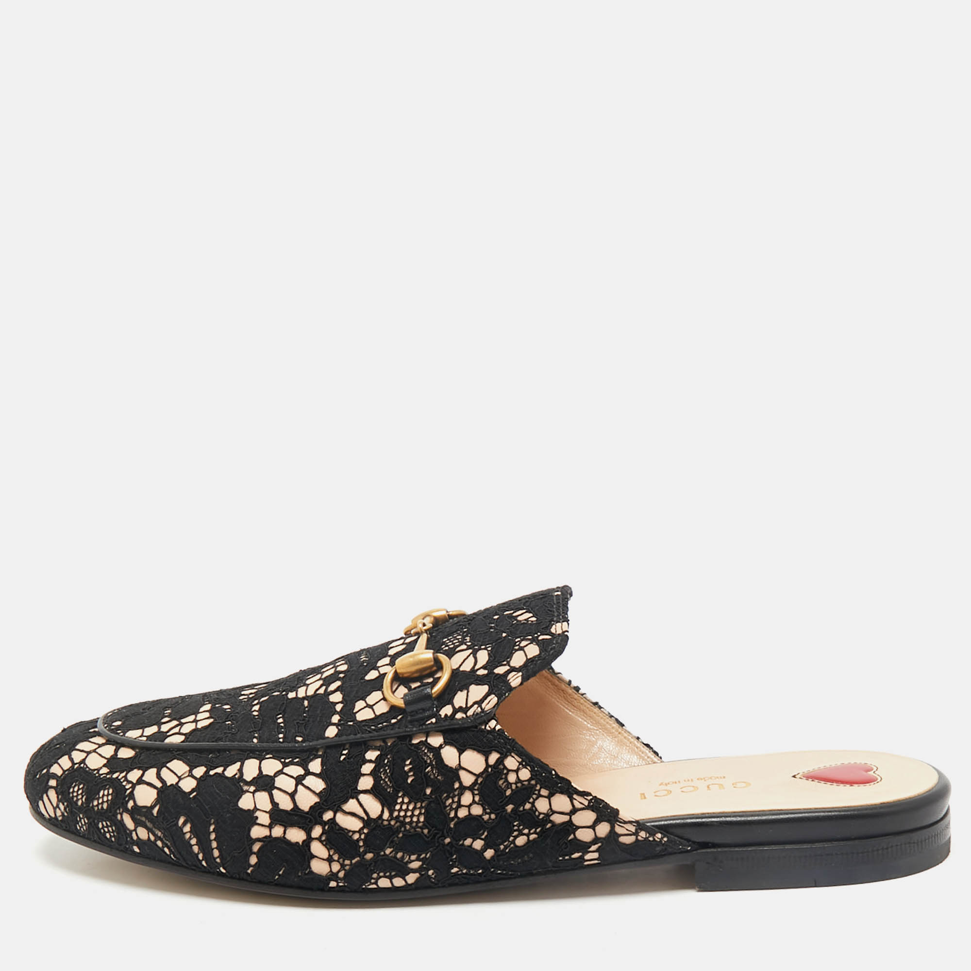 

Gucci Black/Beige Lace and Leather Horsebit Princetown Flat Mules Size