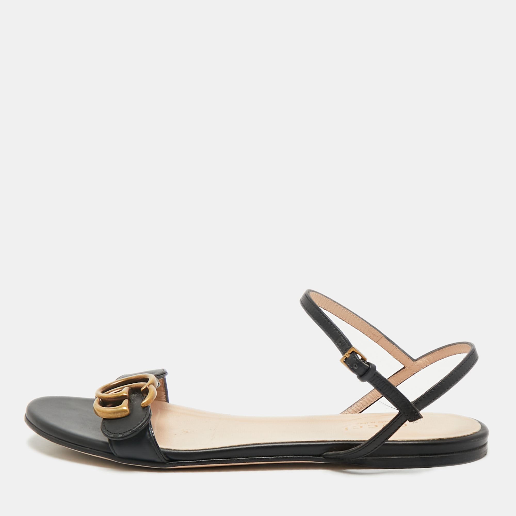 

Gucci Black Leather GG Marmont Ankle Strap Flat Sandals Size