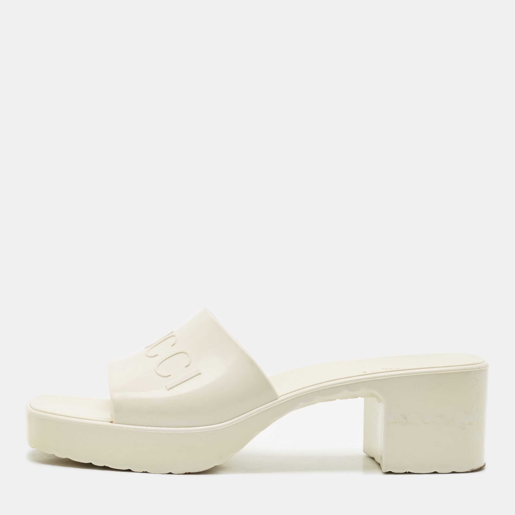 

Gucci Cream Rubber Logo Slide Platform Sandals Size