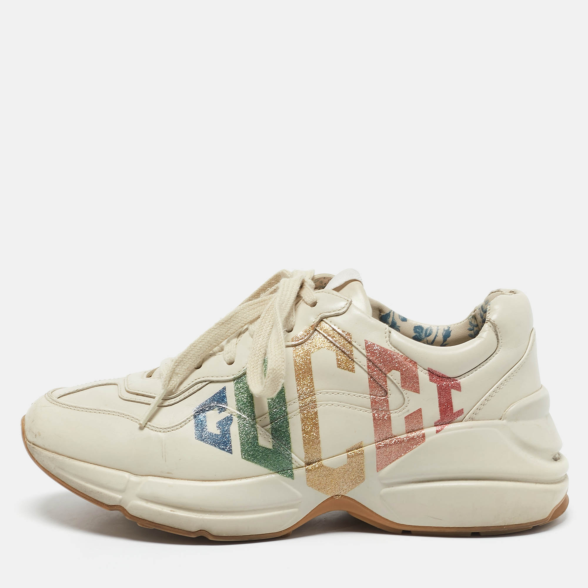 

Gucci Cream Leather Glitter Logo Rhyton Sneakers Size