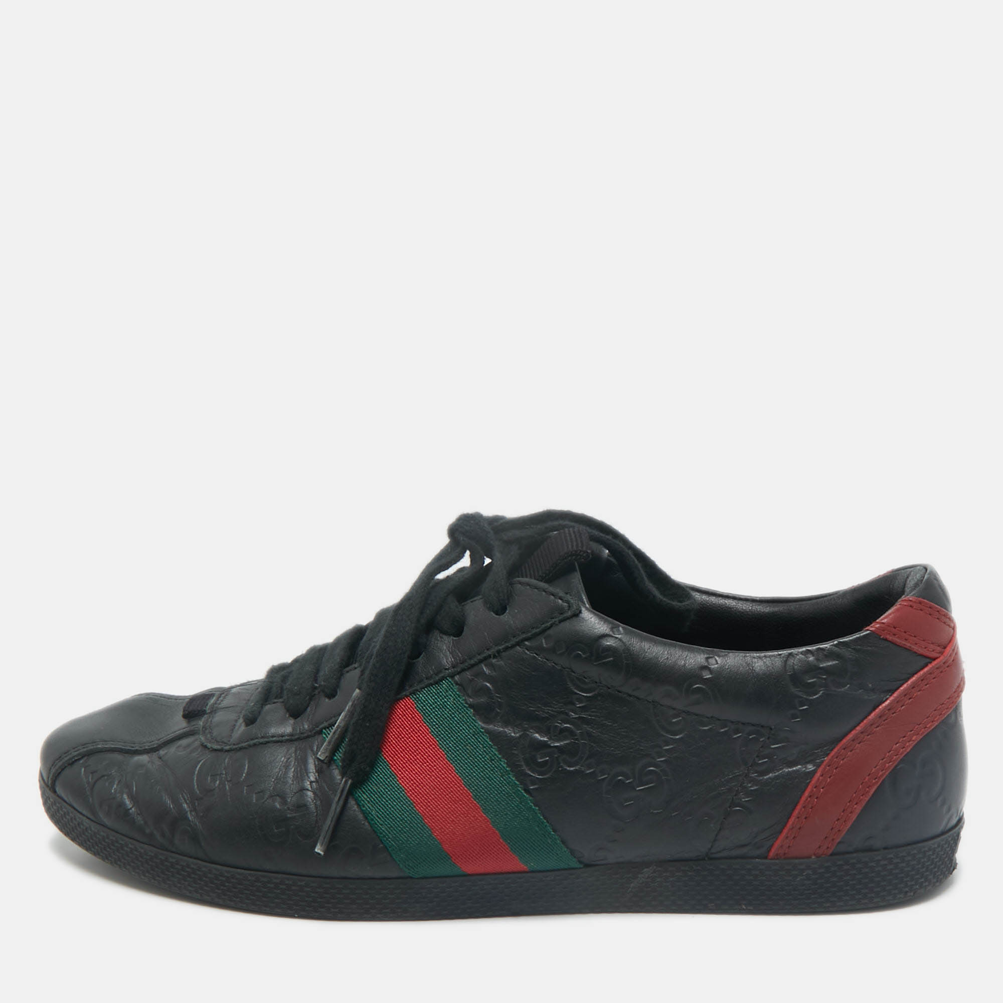 

Gucci Black Guccissima Leather Web Detail Lace Up Sneakers Size 36