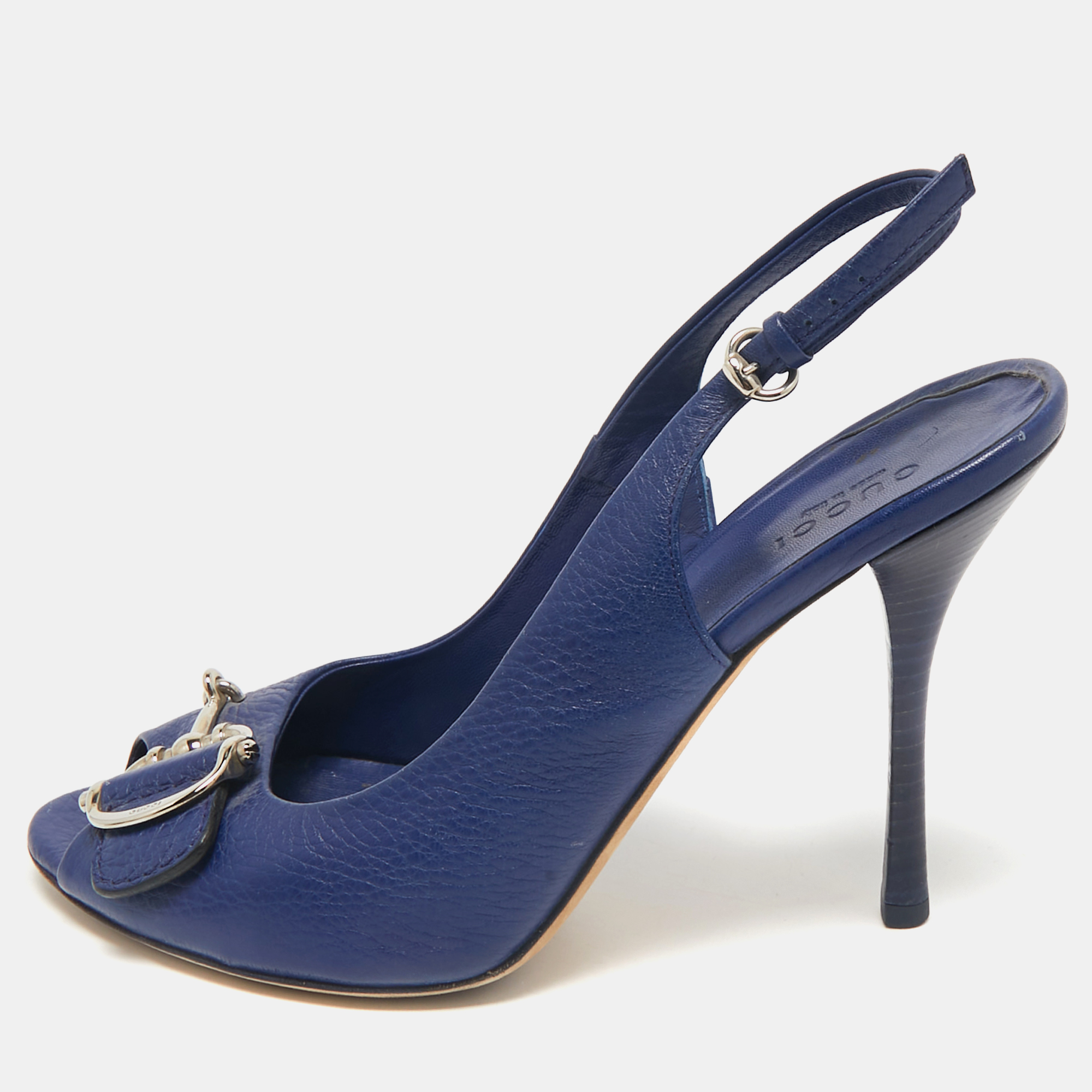 

Gucci Blue Leather Horsebit Slingback Pumps Size