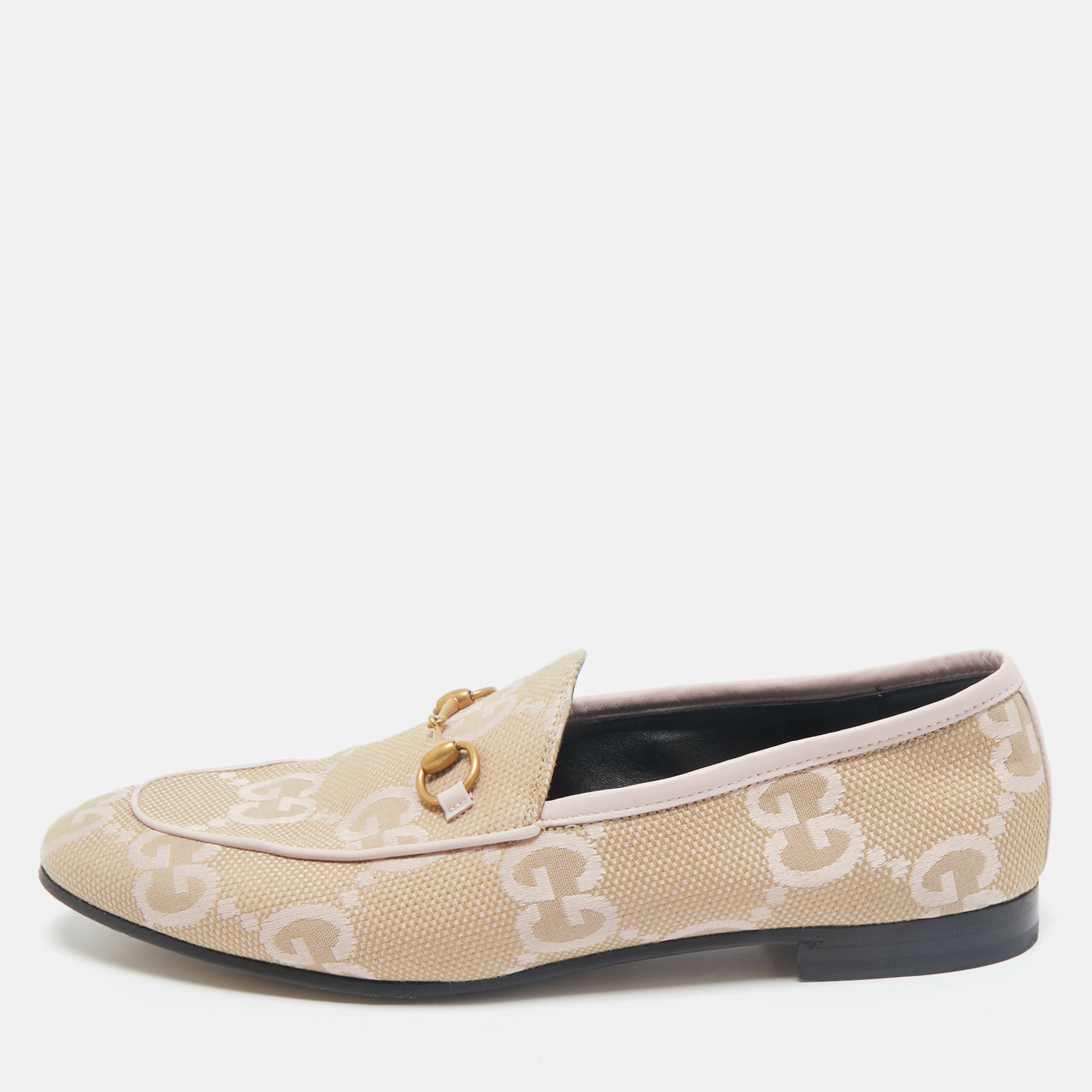 

Gucci Beige/Pink GG Canvas and Leather Jordaan Horsebit Loafers Size