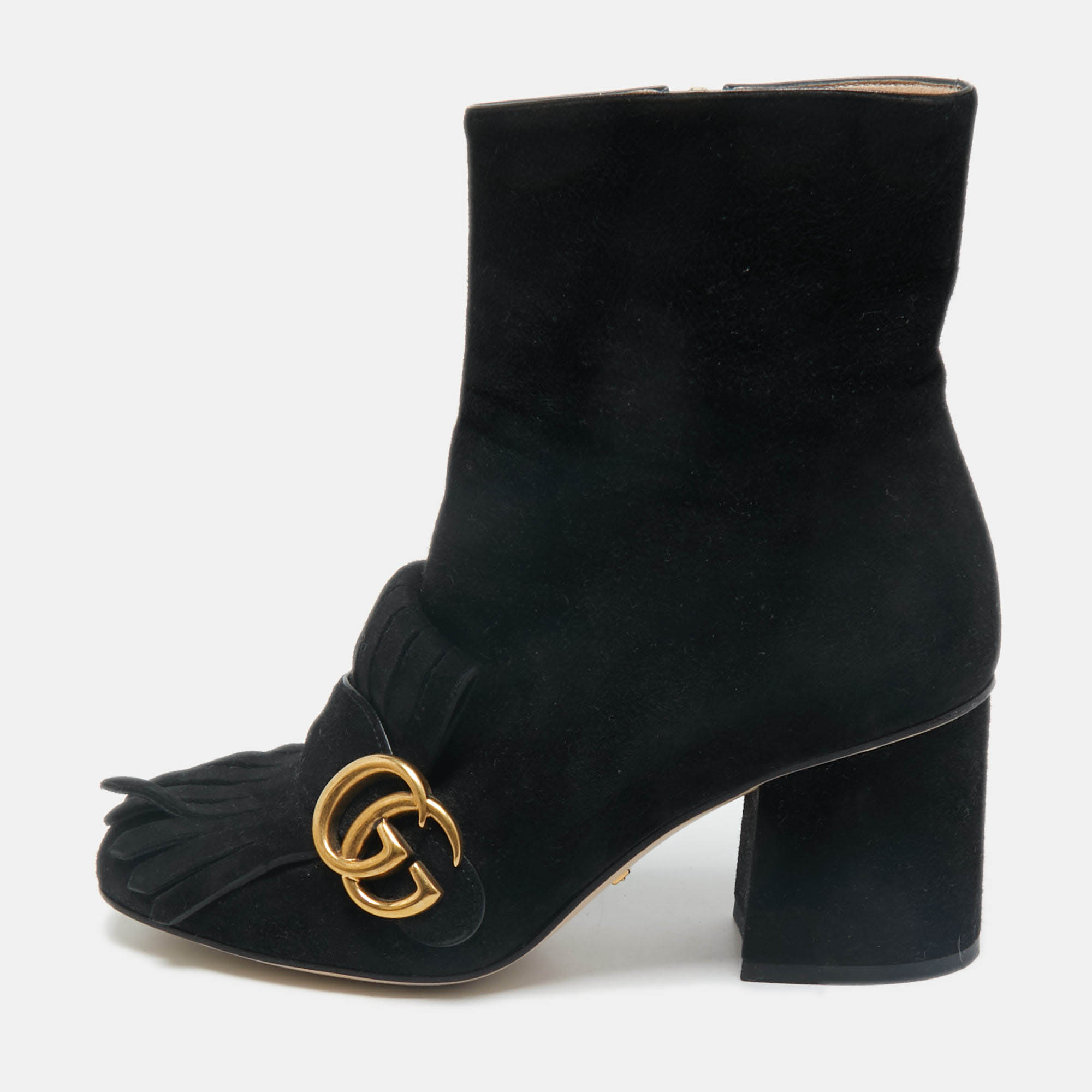

Gucci Black Suede GG Marmont Fringe Block Heel Ankle Length Boots Size