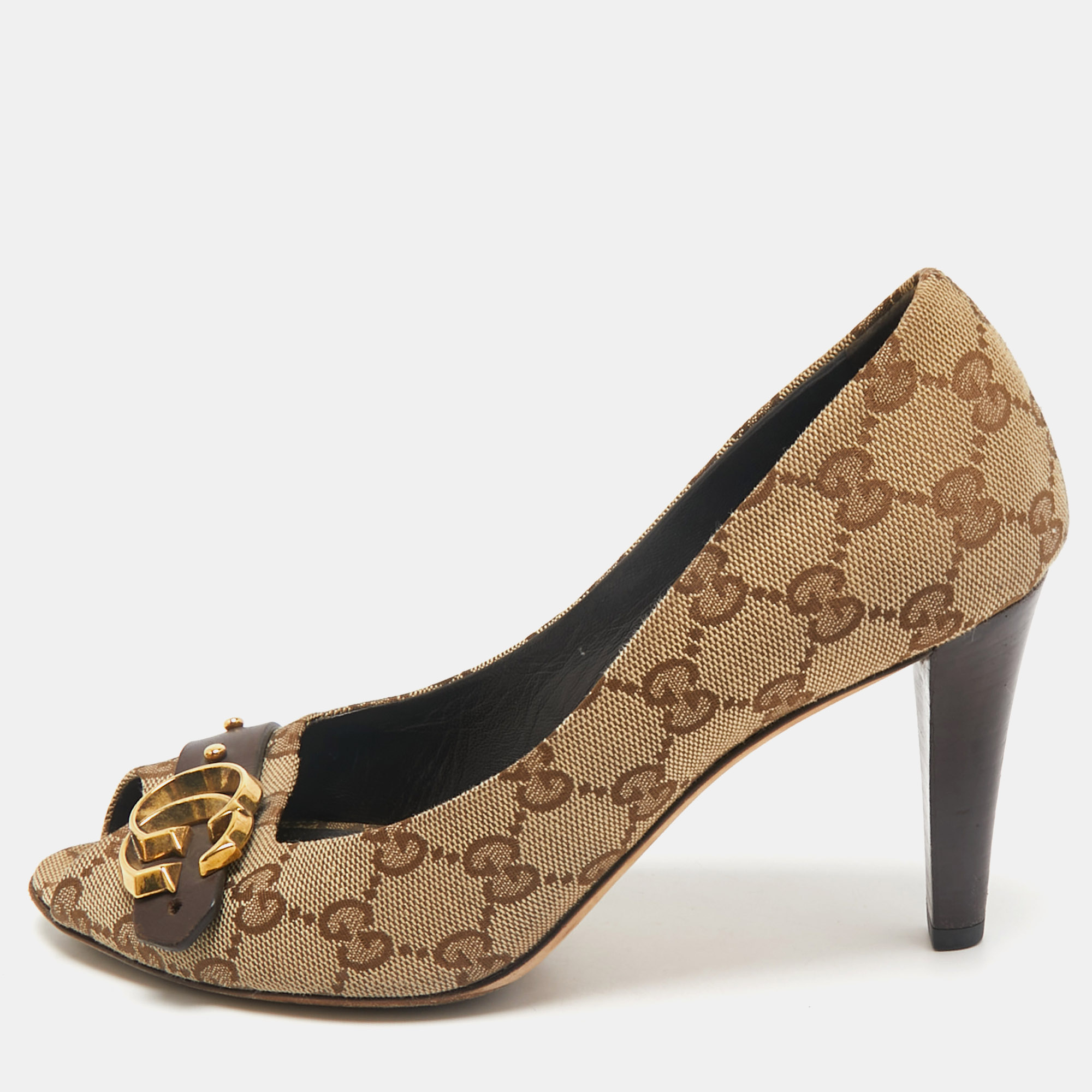 

Gucci Beige/Brown GG Canvas and Leather Logo Peep Toe Pumps Size
