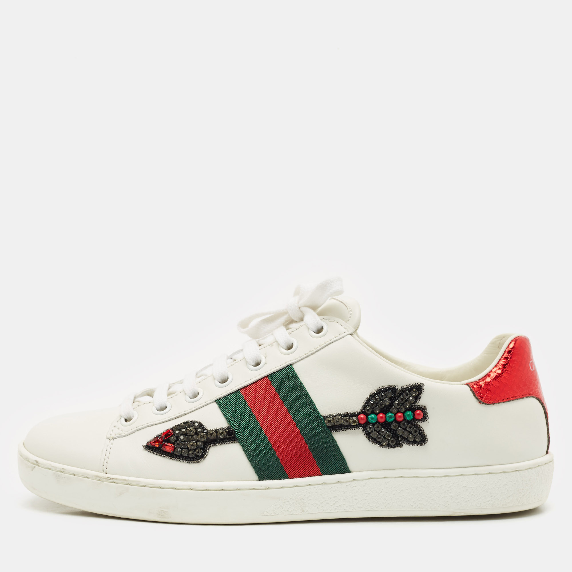 

Gucci White Leather Embellished Arrow Ace Sneakers Size