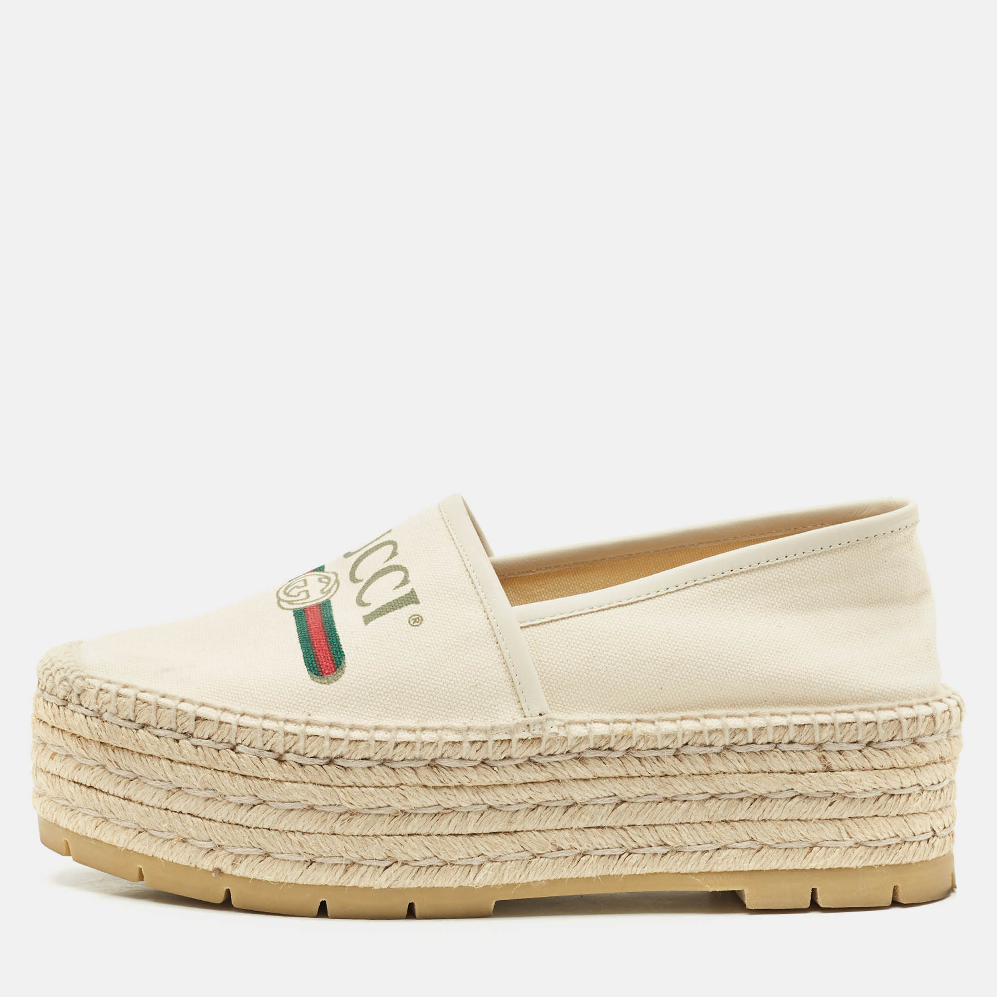 

Gucci Off White Canvas Logo Platform Espadrille Flats Size