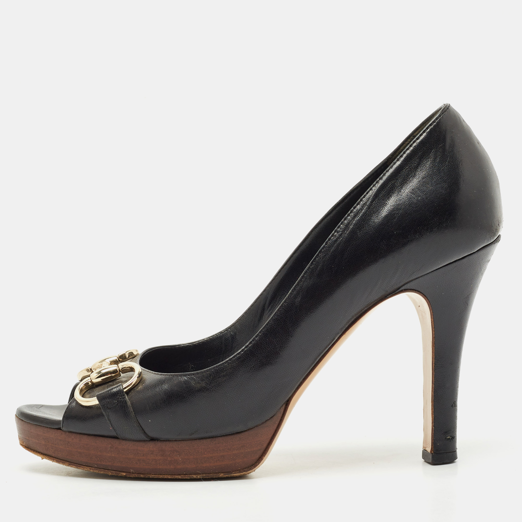 

Gucci Black Leather Horsebit Peep Toe Platform Pumps Size