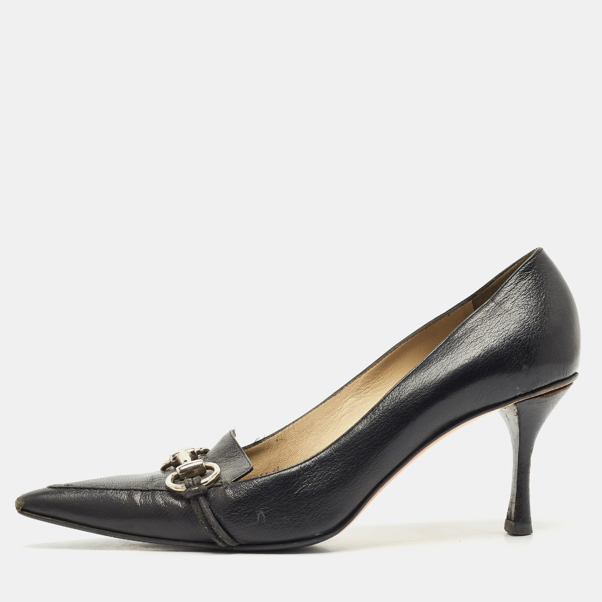 

Gucci Black GG Leather Horsebit Pointed Toe Pumps Size